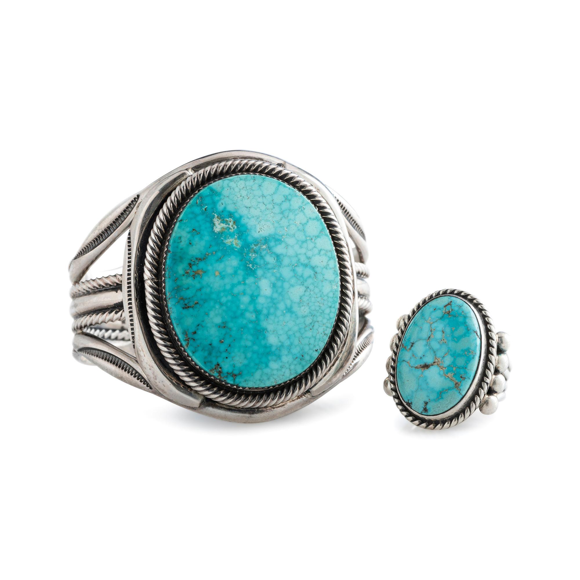 Matching Heavy Sterling Silver and Turquoise Cuff Bracelet AND Ring Set