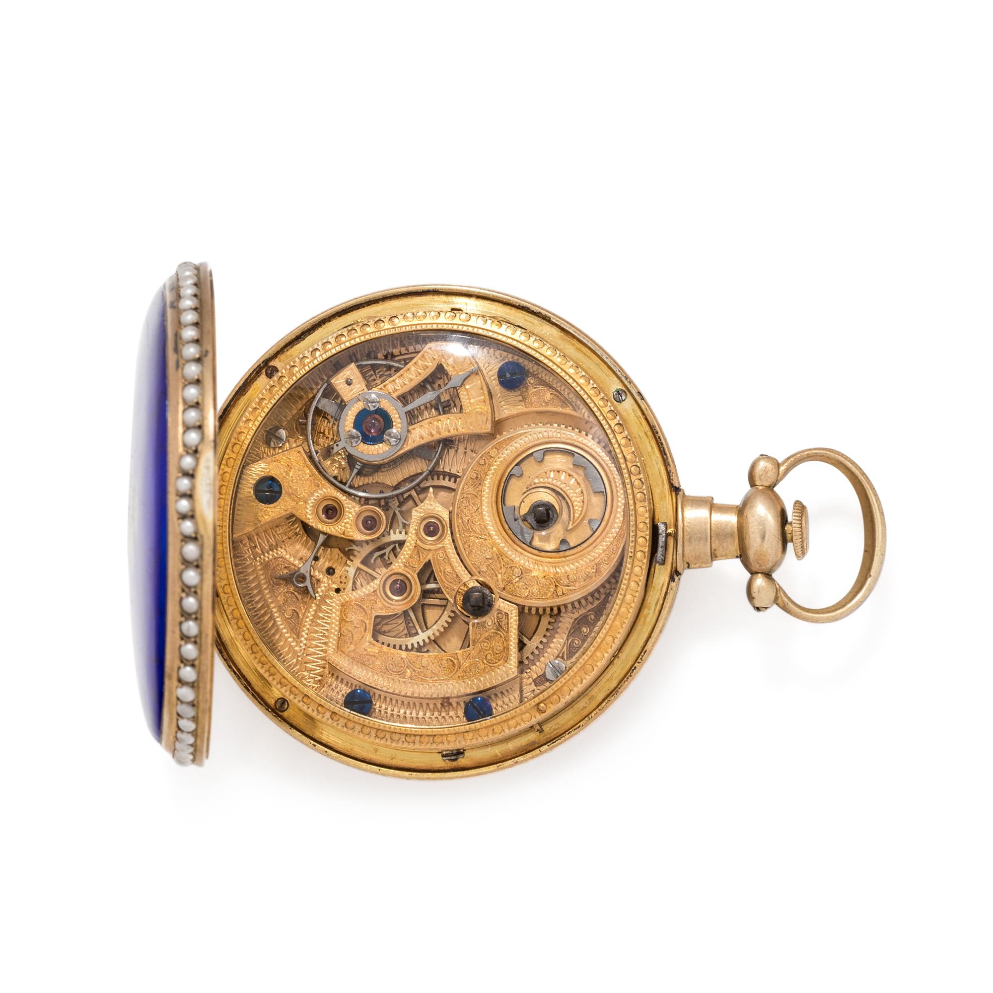 SILVER-GILT, PEARL AND ENAMEL OPEN FACE POCKET WATCH
