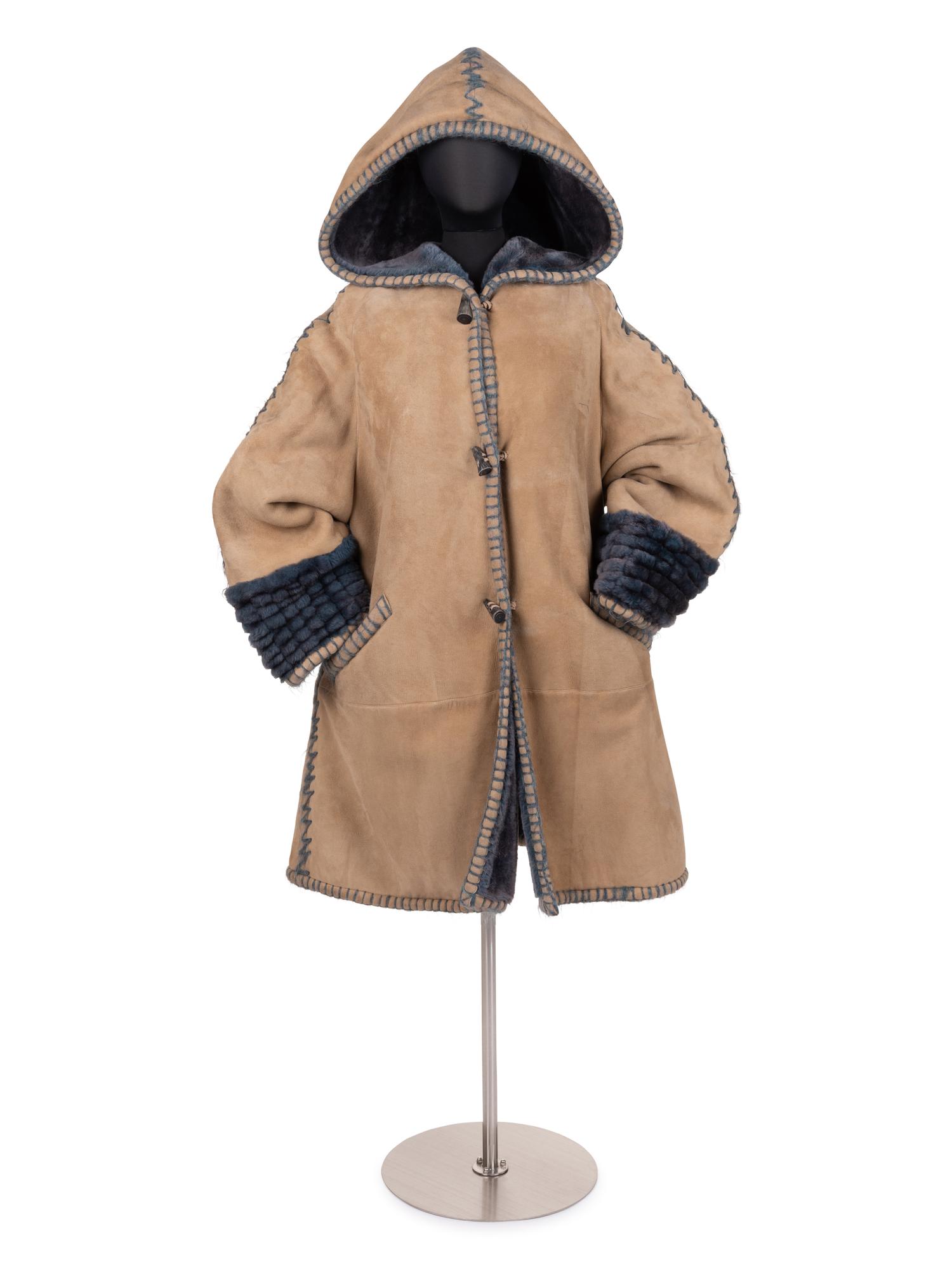 Fendi Suede Hooded Coat Lined in Blue Shearling, c. 1993