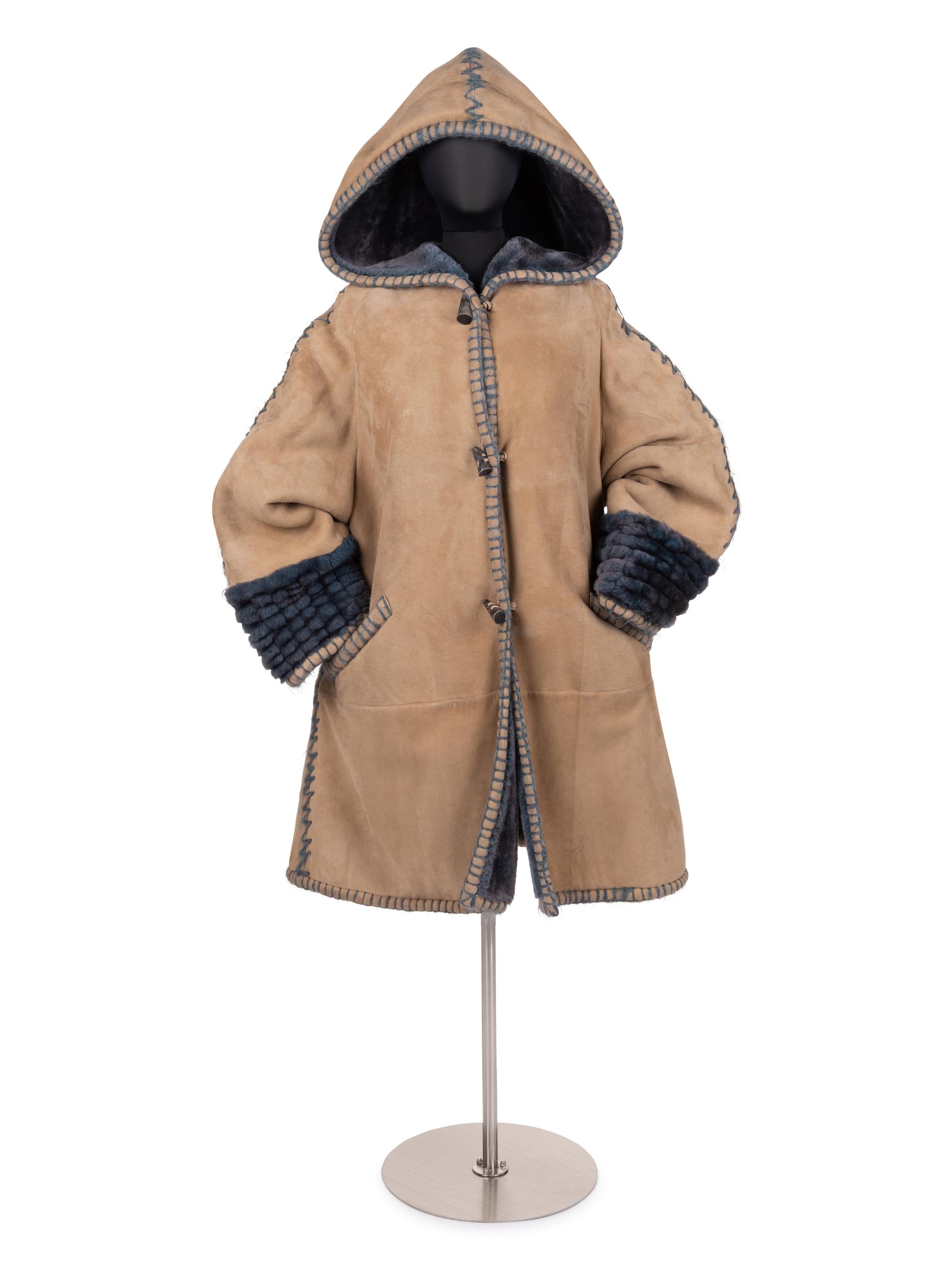 Fendi Suede Hooded Coat Lined in Blue Shearling, c. 1993