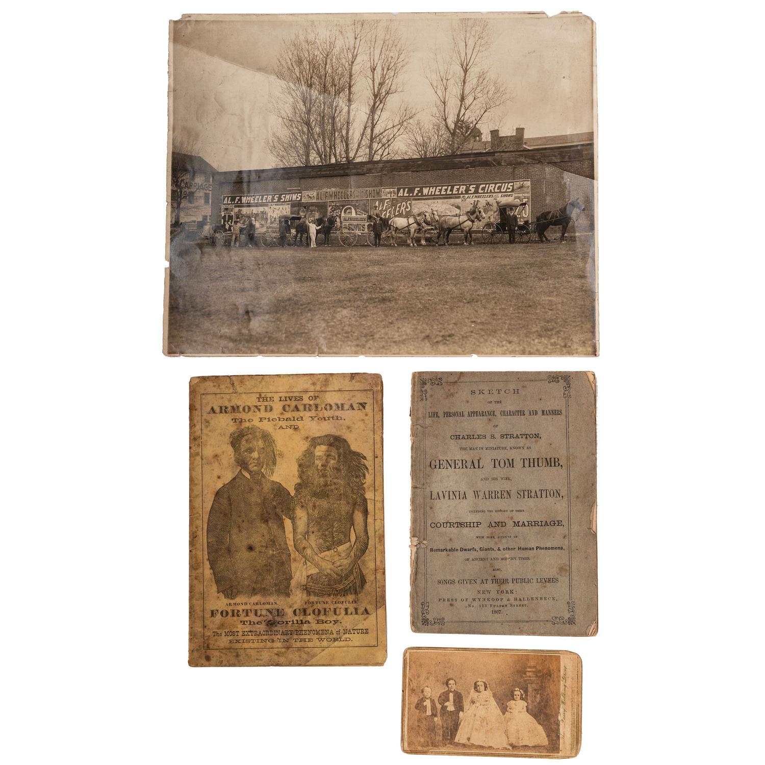 [EARLY PHOTOGRAPHY] -- [TOM THUMB]. A group of 7 items involving circus performers and sideshow acts, including photographs and imprints.
