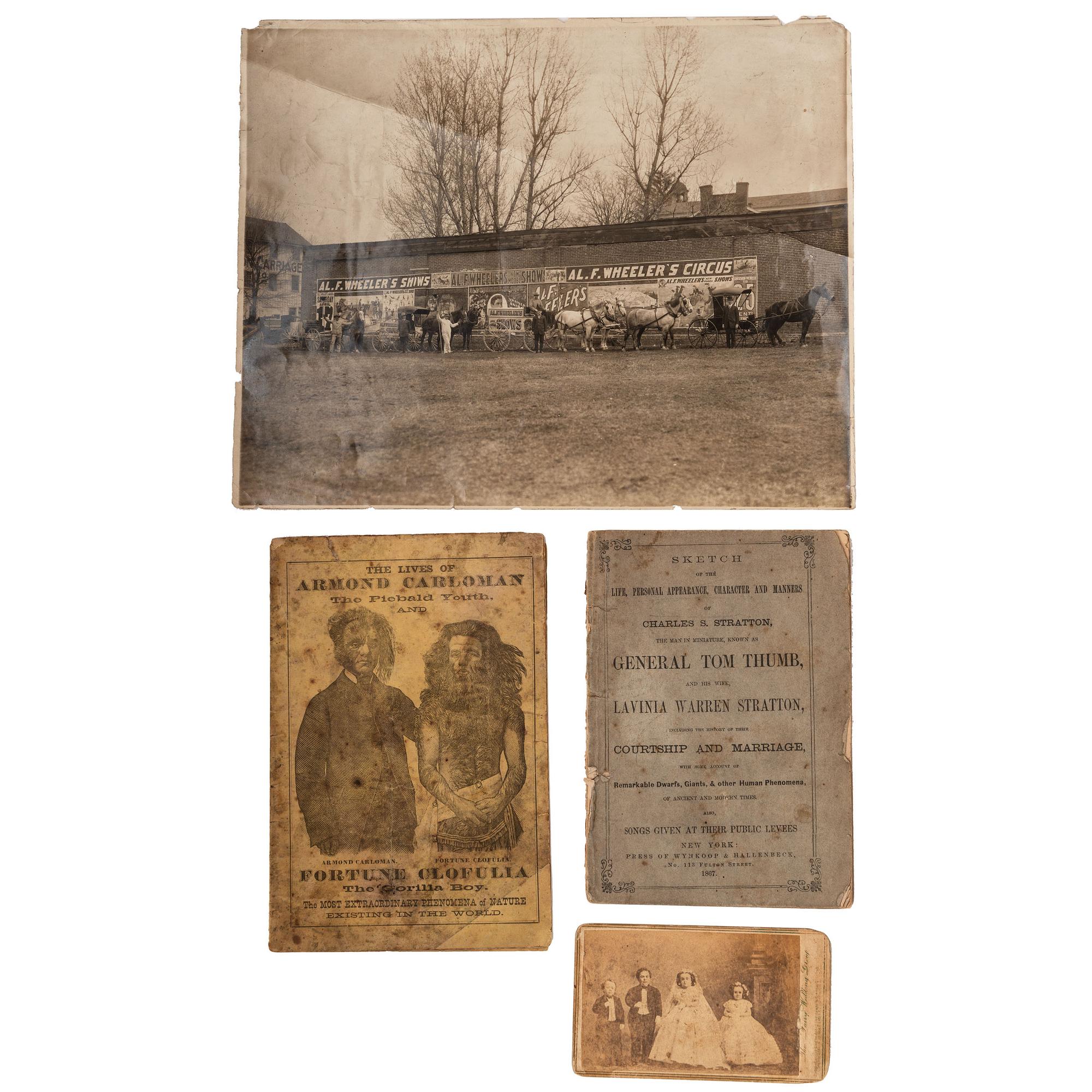 [EARLY PHOTOGRAPHY] -- [TOM THUMB]. A group of 7 items involving circus performers and sideshow acts, including photographs and imprints.