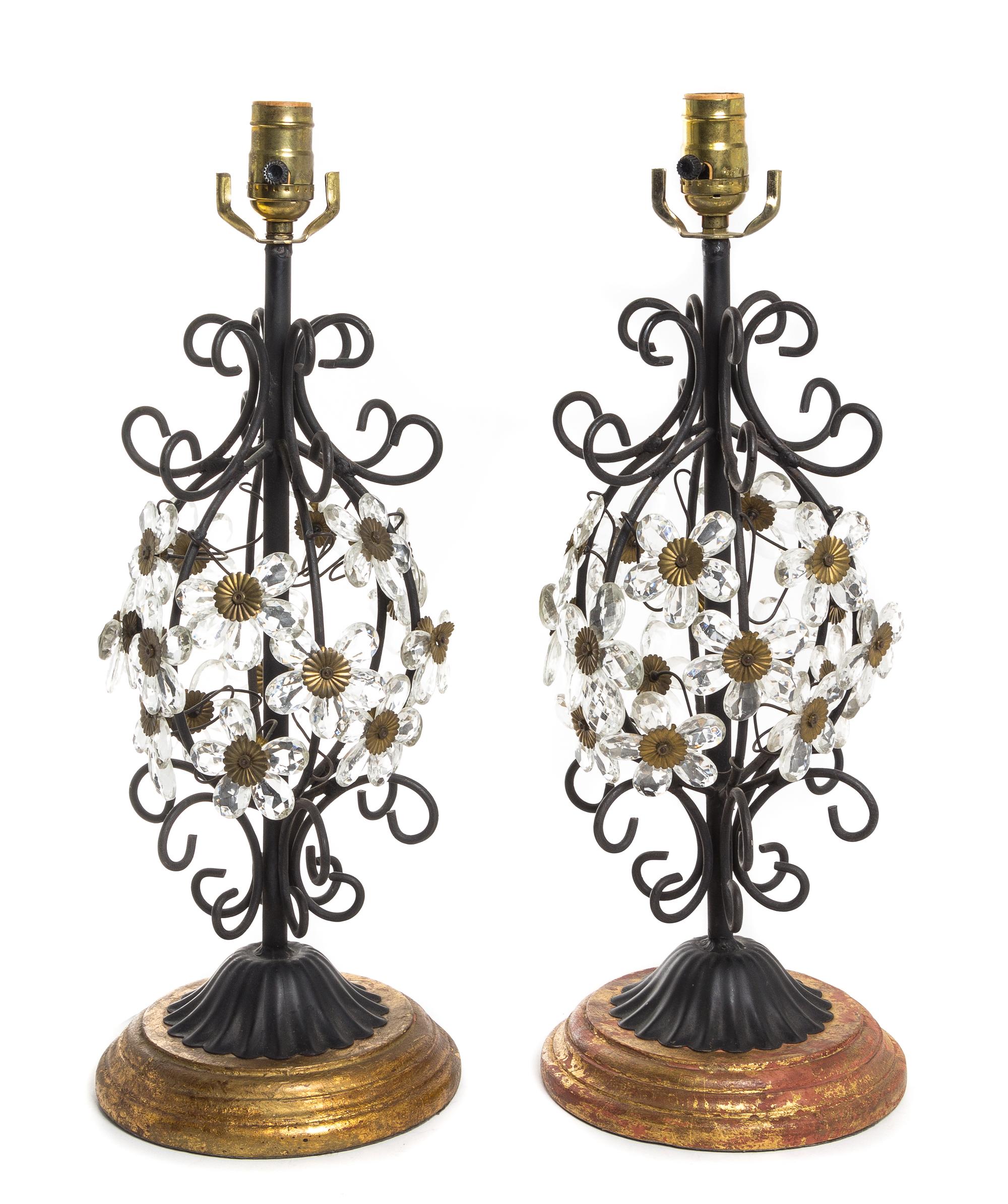 A Pair of Wrought Metal Table Lamps Height 21 1/8 inches.