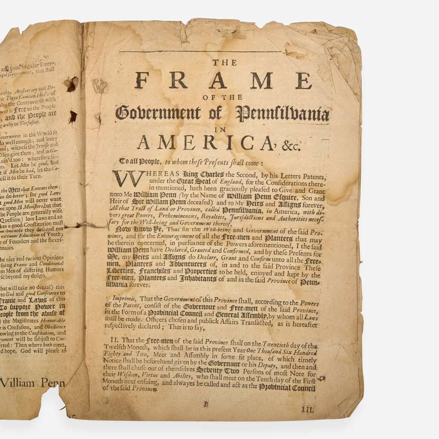 [Philadelphia & Pennsylvania] Penn, William (The Frame of the Government of the Province of Pennsilvania in America: Together with certain Laws Agreed upon in England by the Governour and Divers Free-Men of the aforesaid Province...)