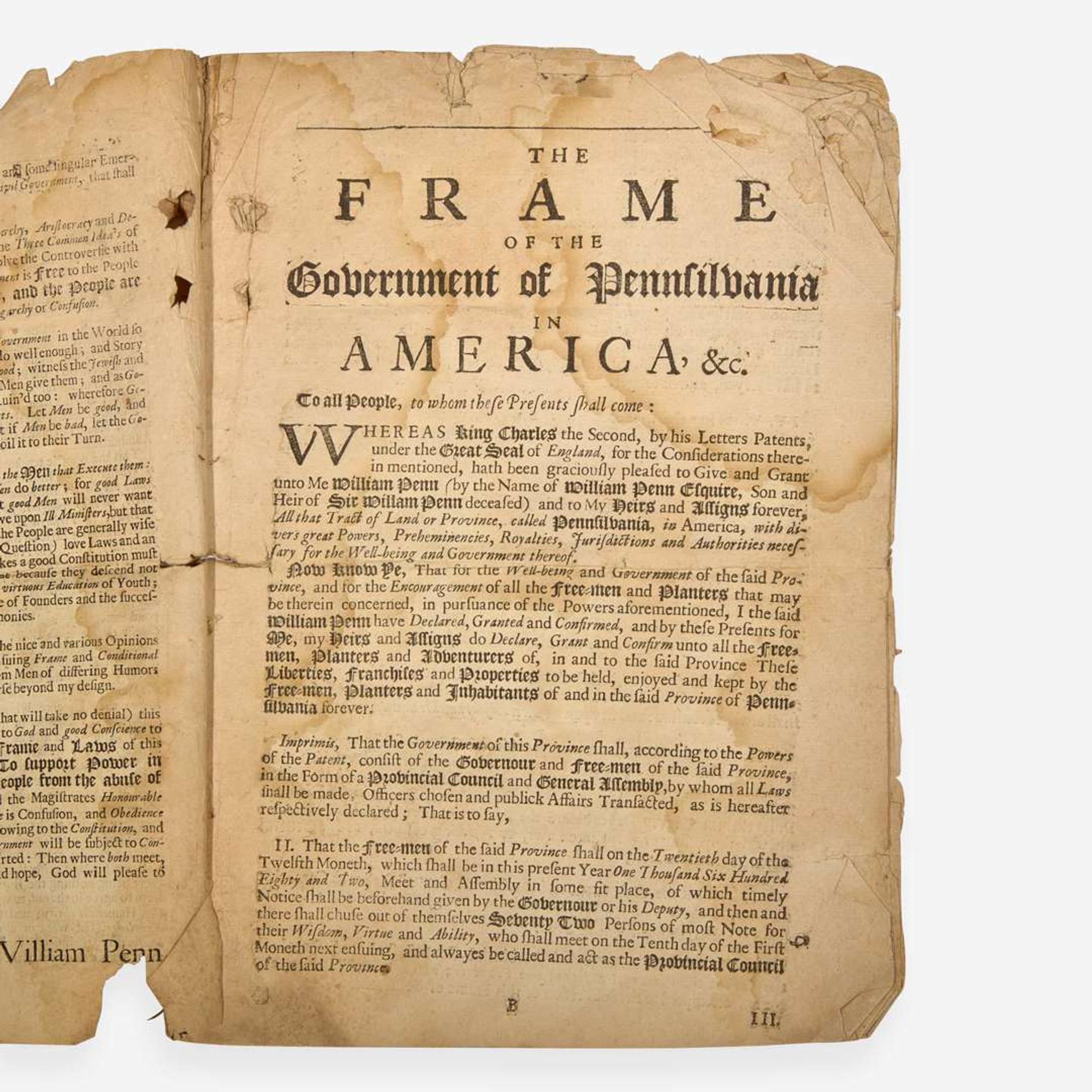 [Philadelphia & Pennsylvania] Penn, William (The Frame of the Government of the Province of Pennsilvania in America: Together with certain Laws Agreed upon in England by the Governour and Divers Free-Men of the aforesaid Province...)