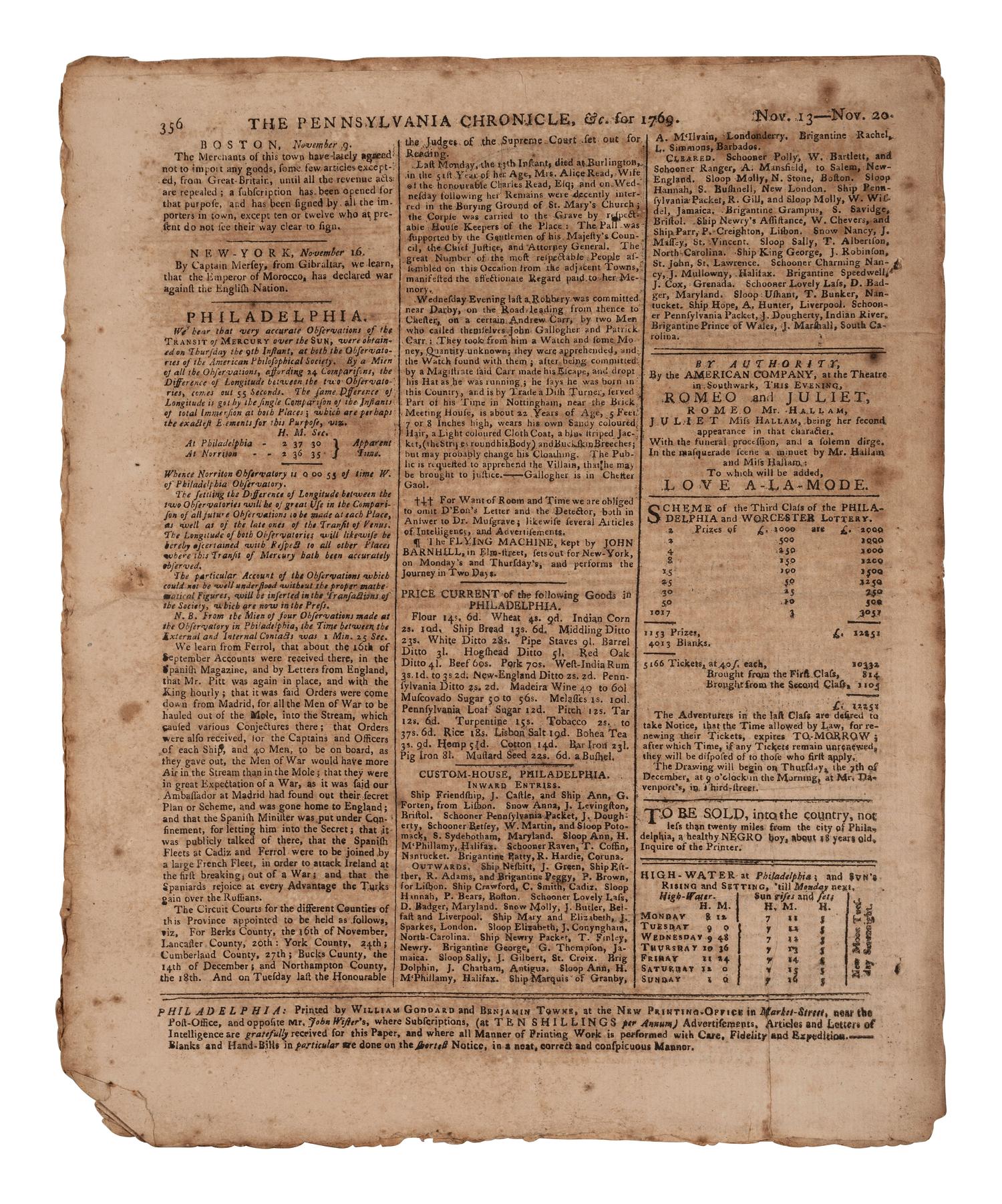 [NONIMPORTATION AGREEMENTS]. Pennsylvania Chronicle and Universal Advertiser . 20 November 1769.