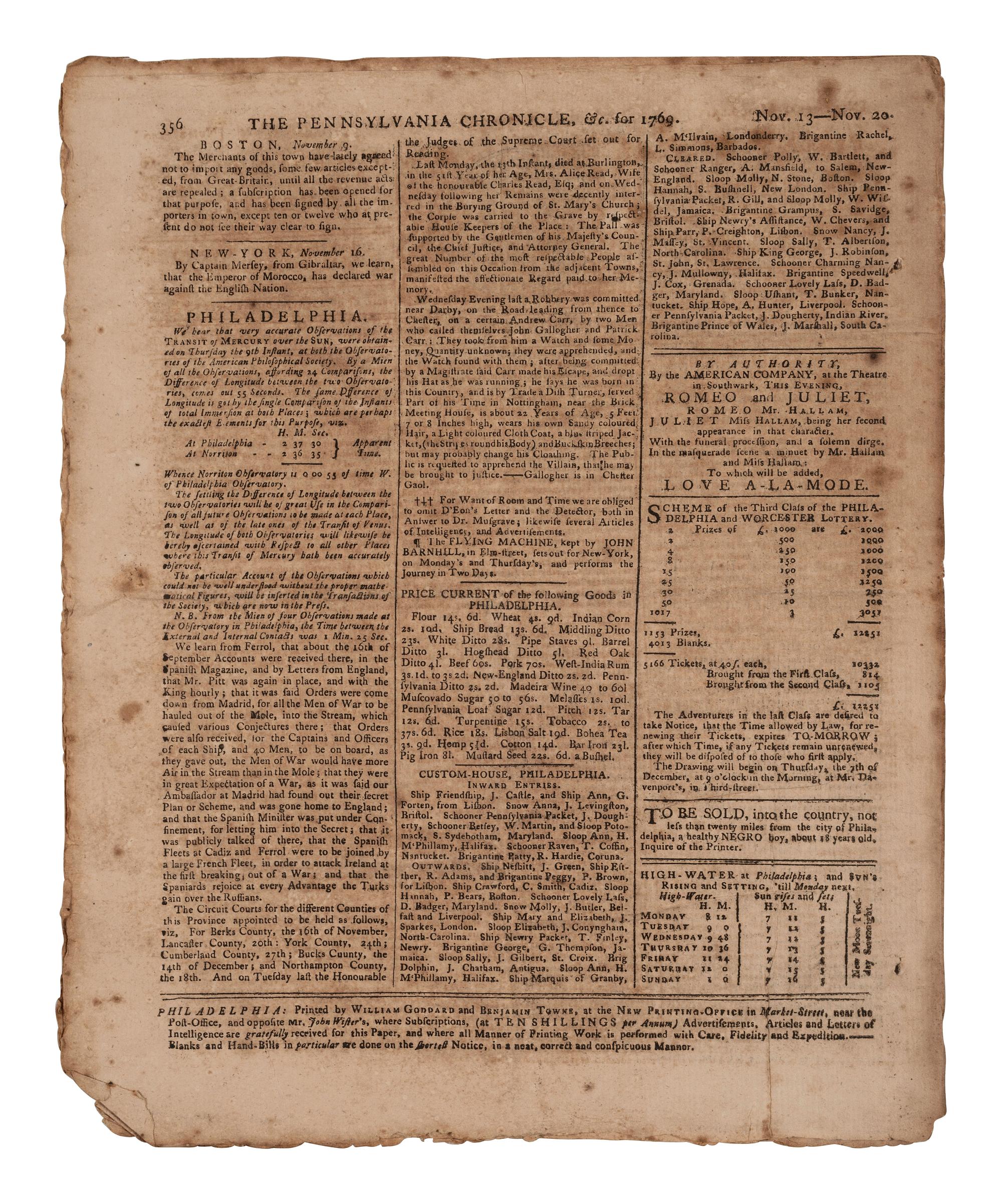 [NONIMPORTATION AGREEMENTS]. Pennsylvania Chronicle and Universal Advertiser . 20 November 1769.