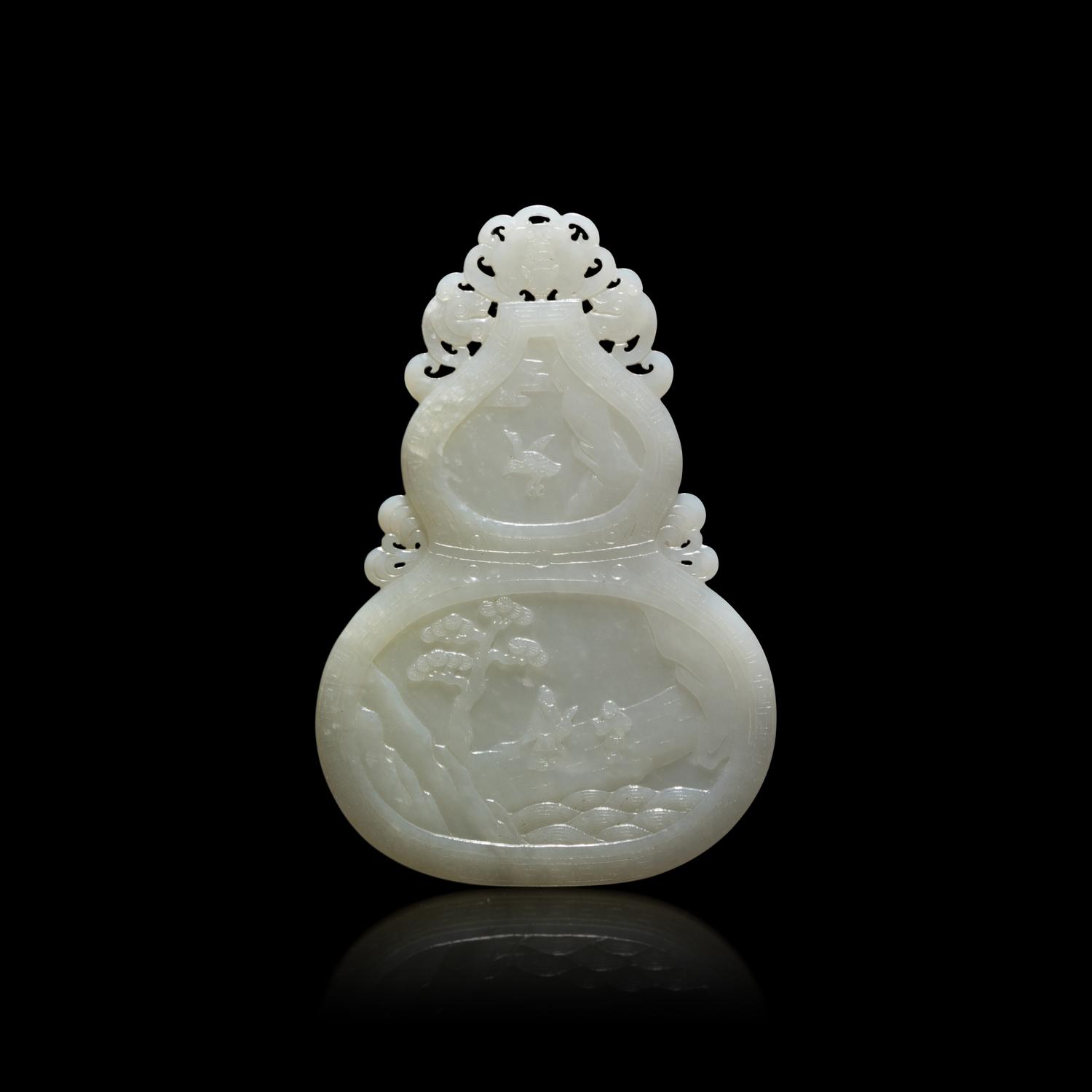 A Chinese White Jade Double Gourd Form Plaque 白玉雙面童子圖葫蘆牌