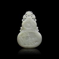 A Chinese White Jade Double Gourd Form Plaque 白玉雙面童子圖葫蘆牌