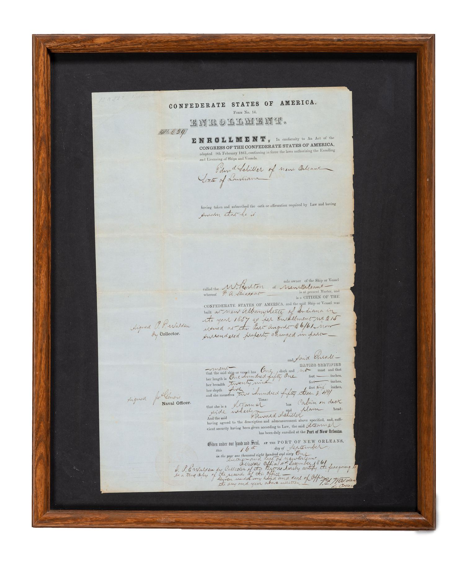 [CIVIL WAR]. Confederate States of America Form No. 16. Enrollment . Partly-printed document for enrollment and license for vessel. New Orleans, 16 September 1861.