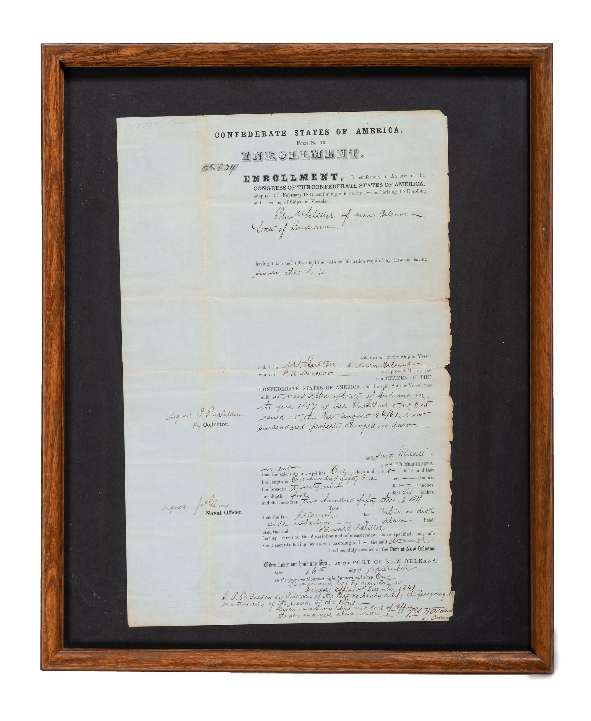 [CIVIL WAR]. Confederate States of America Form No. 16. Enrollment . Partly-printed document for enrollment and license for vessel. New Orleans, 16 September 1861.