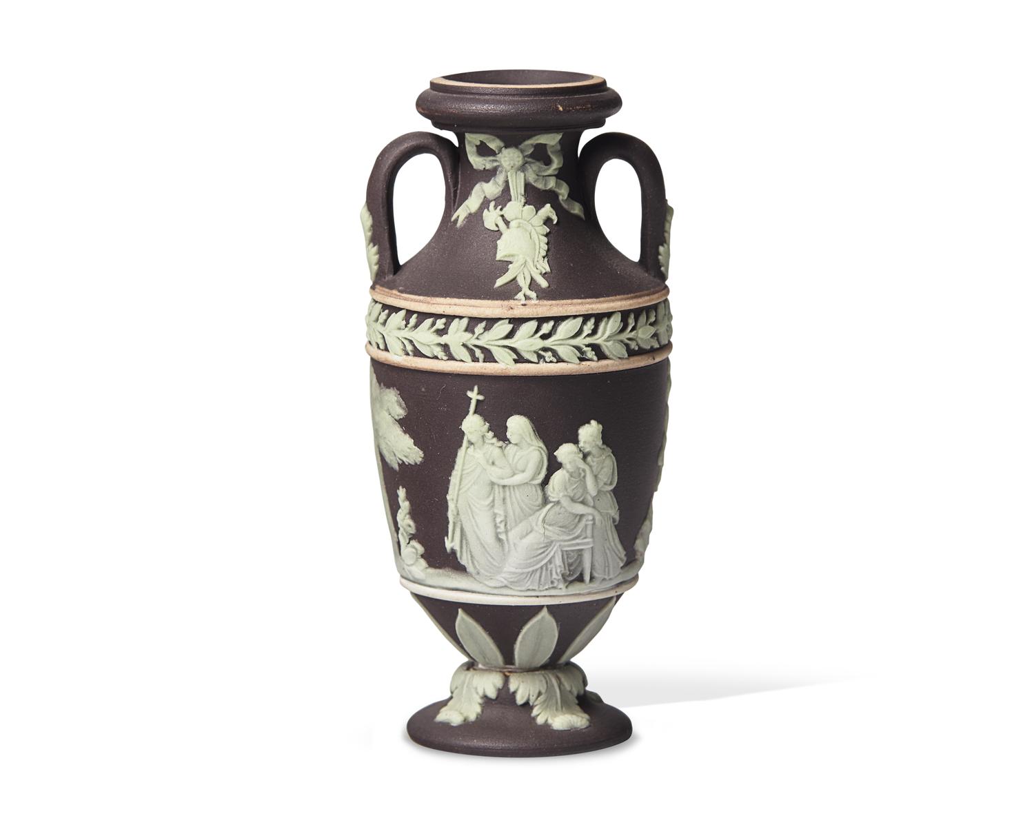 A Miniature Wedgwood Chocolate Brown Jasper Amphora