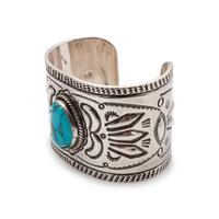 Heavily Stamped Cuff with Turquoise Cabochon Lot is located and will ship from Denver, Colorado
