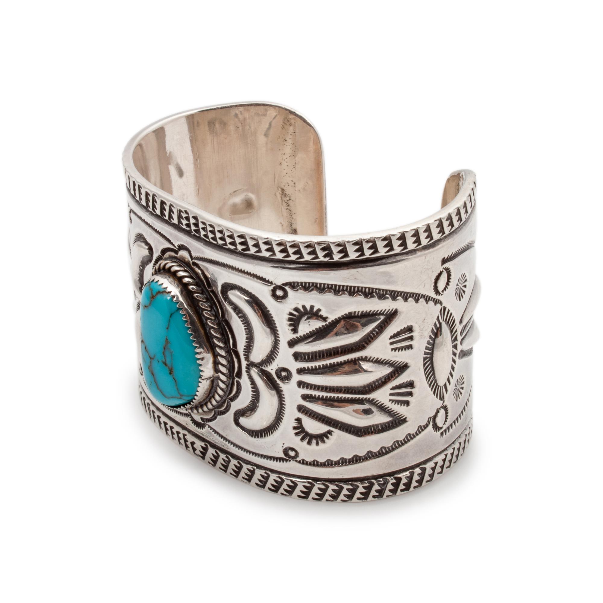 Heavily Stamped Cuff with Turquoise Cabochon Lot is located and will ship from Denver, Colorado