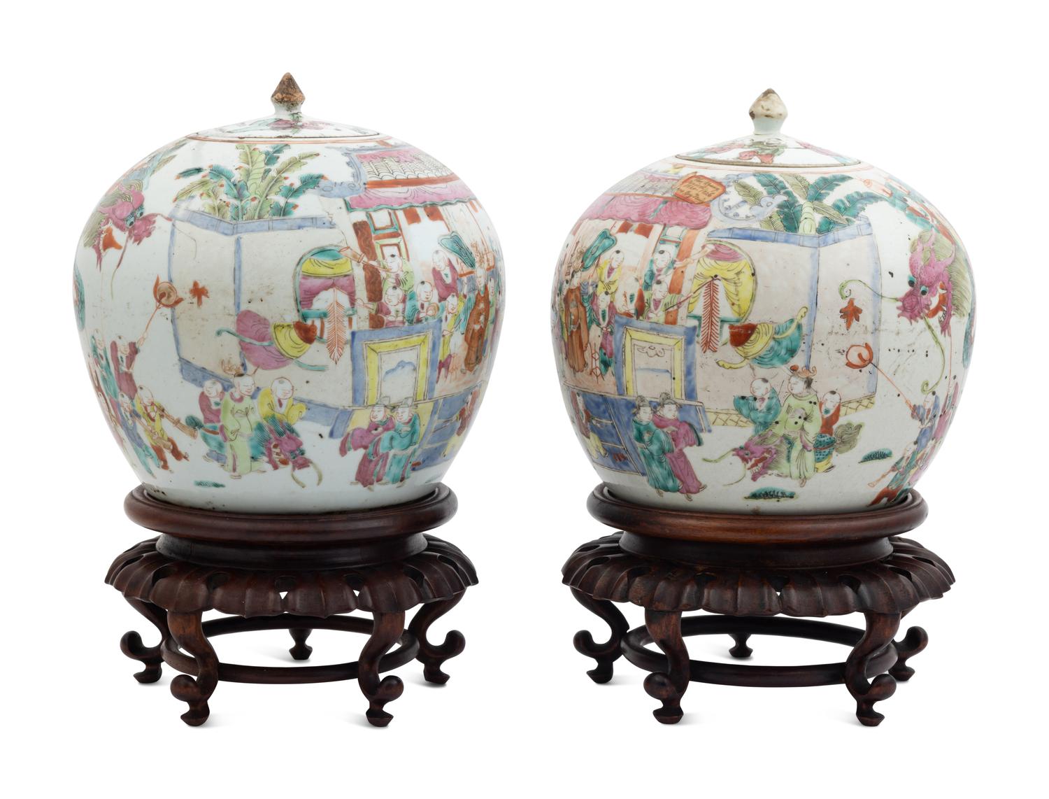 A Pair of Chinese Famille Rose Porcelain Covered Ginger Jars