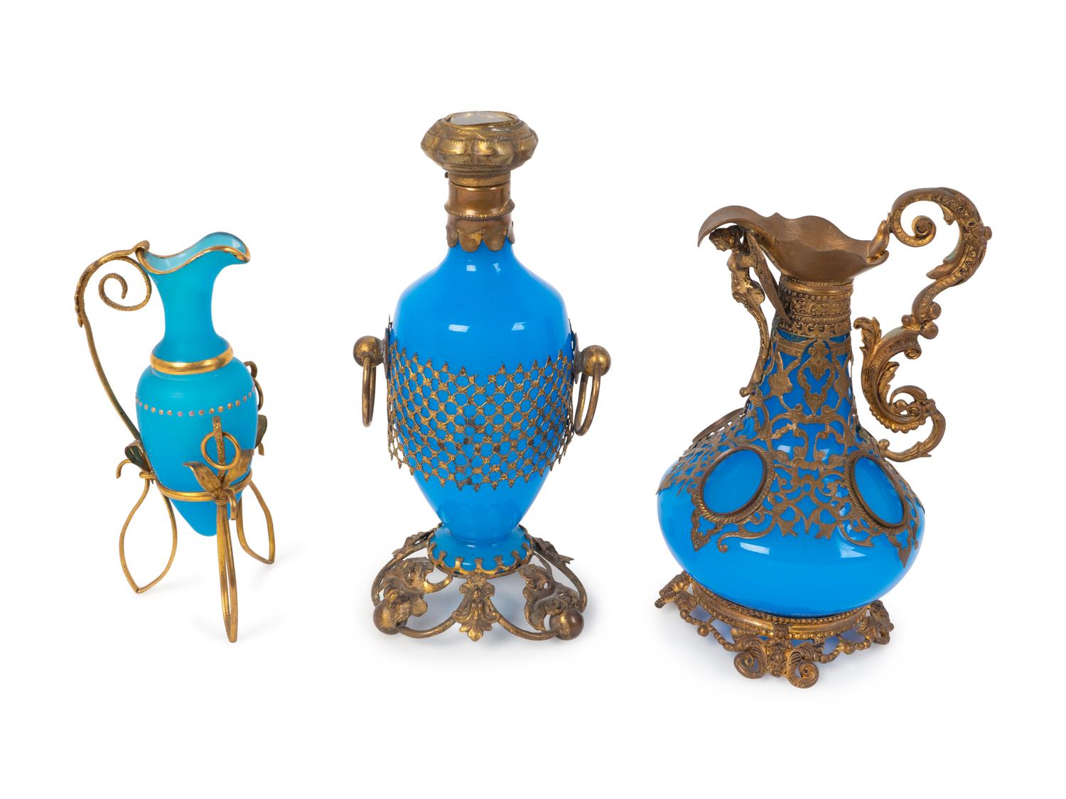 Three Gilt Metal Mounted Blue Opaline Articles — 19TH CENTURY