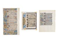 ANONYMOUS FRENCH ILLUMINATORS Bifolium and two illuminated leaves from three separate Books of Hours, one with historiated initial of a man in contemporary dress, in Latin, illuminated manuscript on parchment [France, c. 1450–1475]