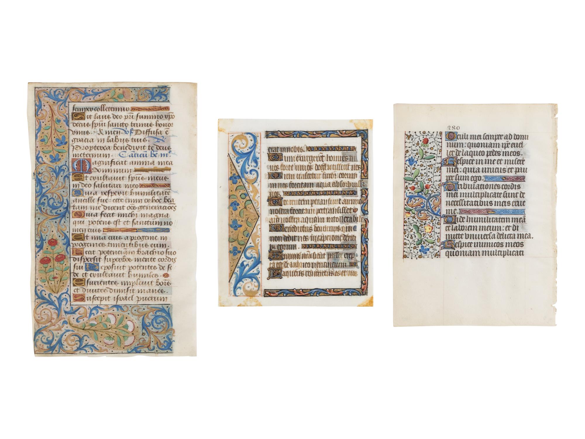 ANONYMOUS FRENCH ILLUMINATORS Bifolium and two illuminated leaves from three separate Books of Hours, one with historiated initial of a man in contemporary dress, in Latin, illuminated manuscript on parchment [France, c. 1450–1475]