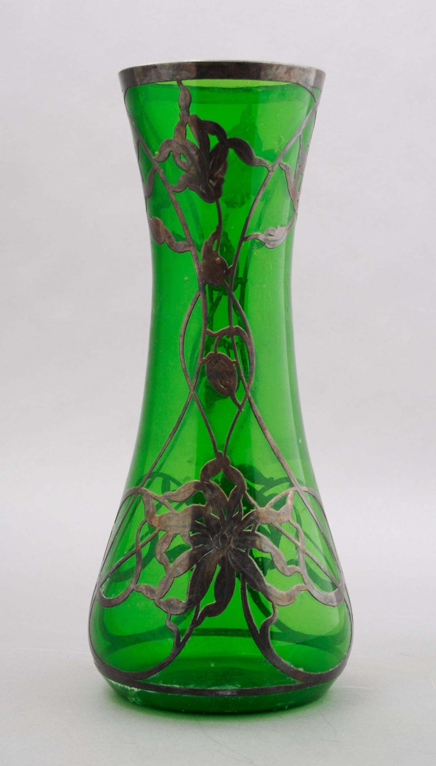 A Silver Overlay Glass Vase, Height 10 1/2 inches.