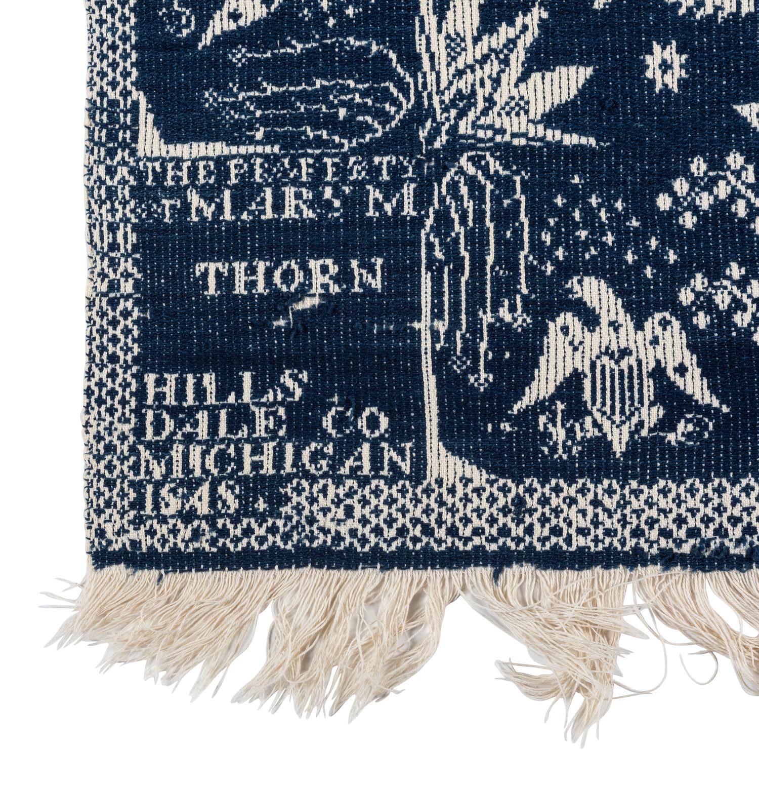 A Rare Blue and White Jacquard Pieced Coverlet, Made for Mary M. Thorn