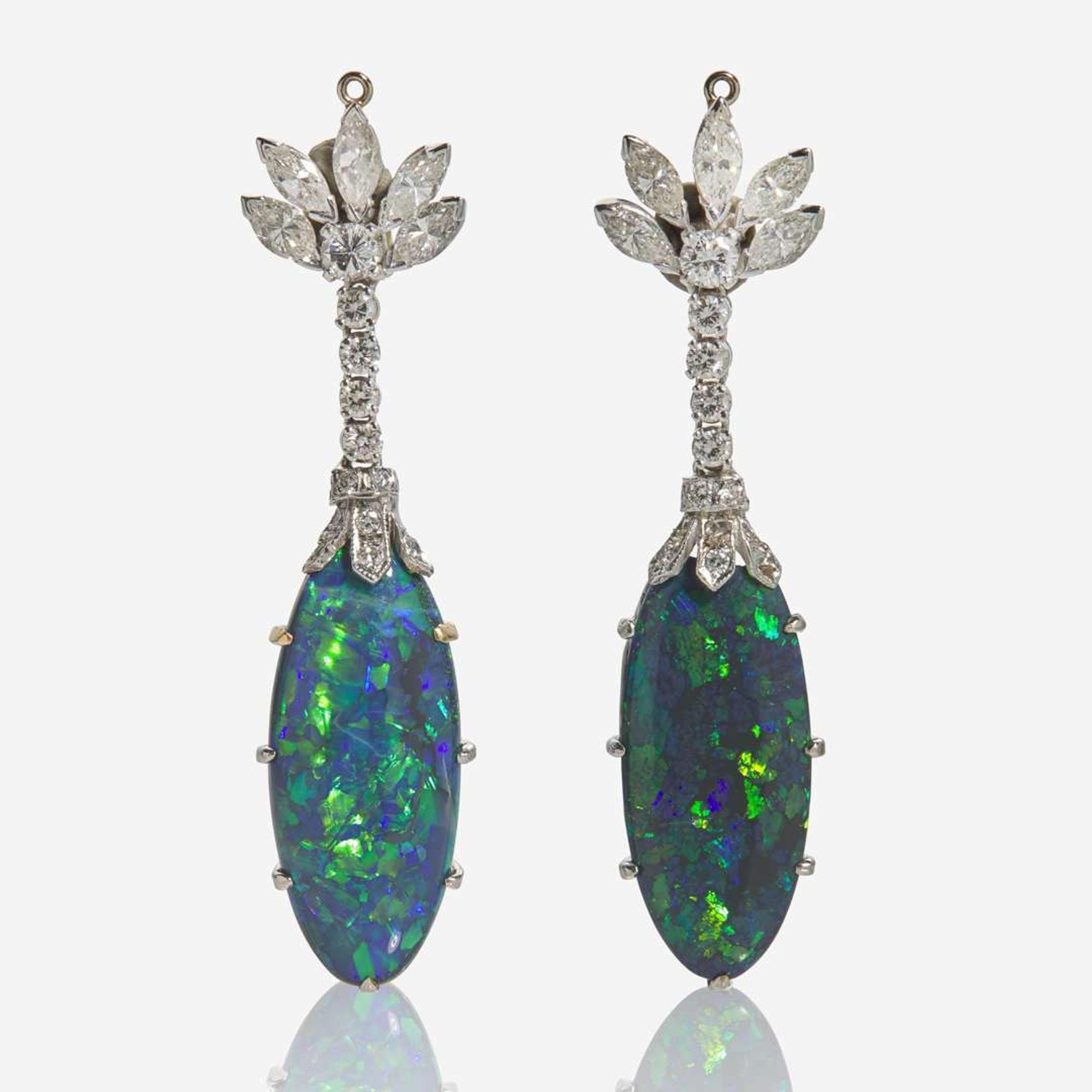 A Pair of Black Opal and Diamond Earring Jackets