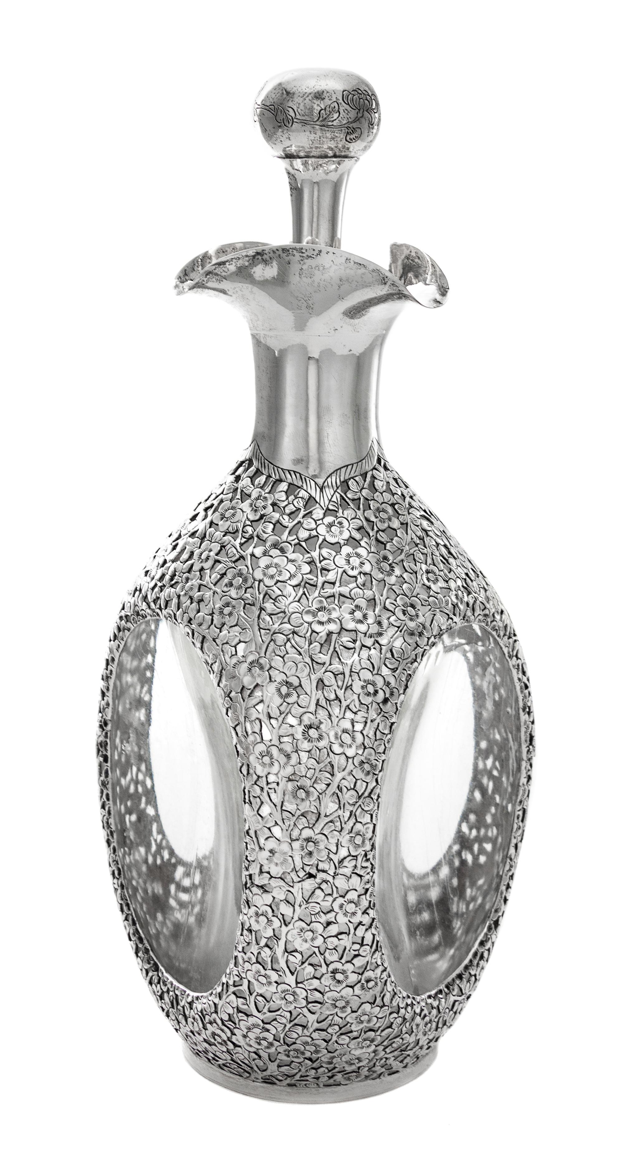 A Silver Overlay Glass Decanter Height 10 1/2 inches. — 20TH CENTURY