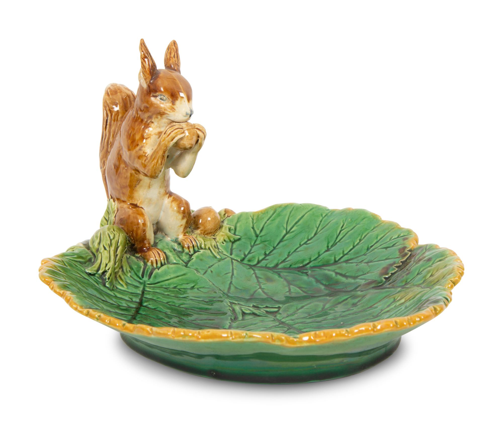 A Minton Majolica Squirrel Dish