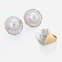 A 14K yellow gold pair of earrings and pearl and diamond ring