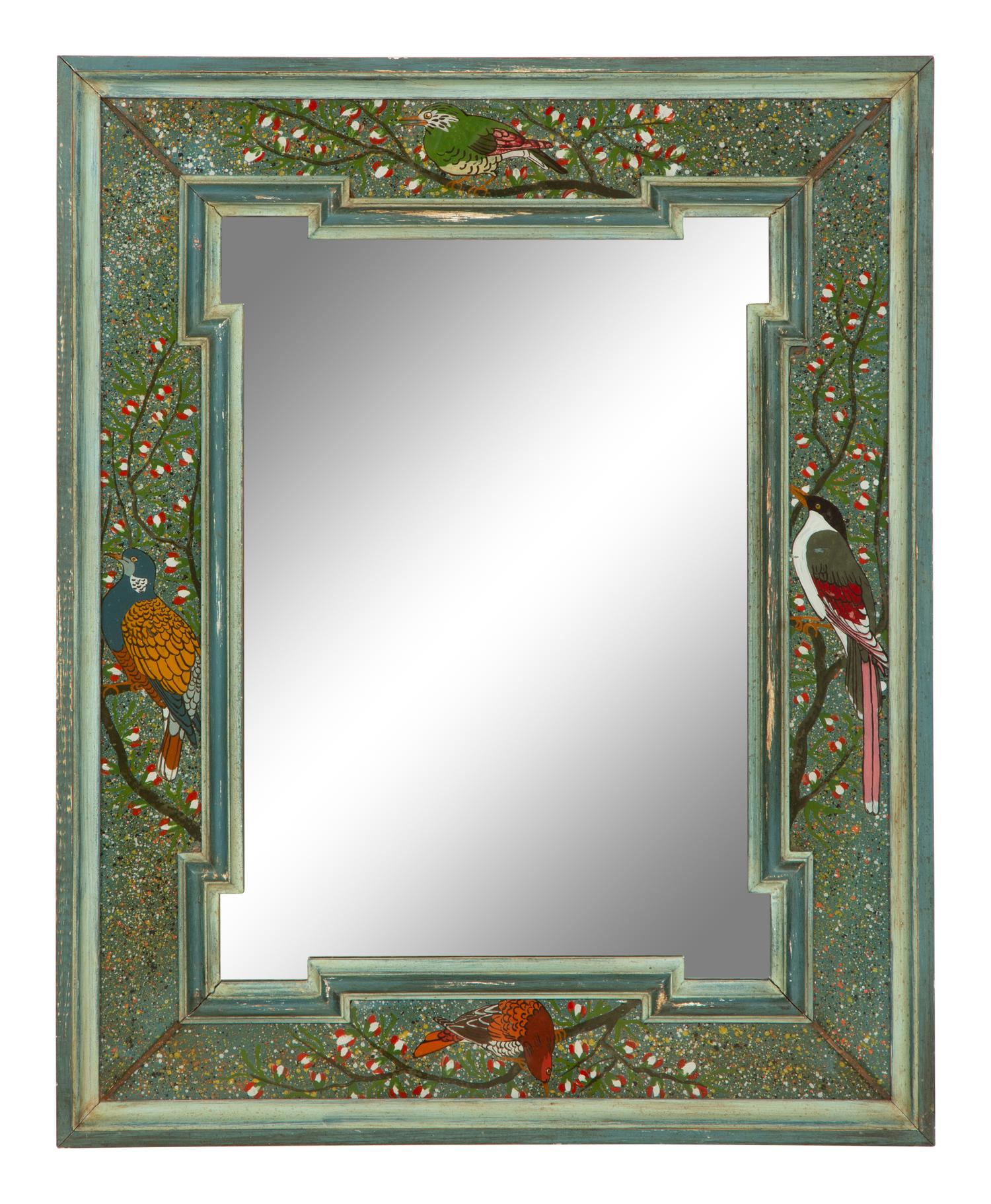 A Painted Molded Wood Framed Mirror with Reverse Painted Glass Panels Depicting Birds in Foliage