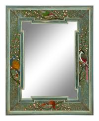 A Painted Molded Wood Framed Mirror with Reverse Painted Glass Panels Depicting Birds in Foliage