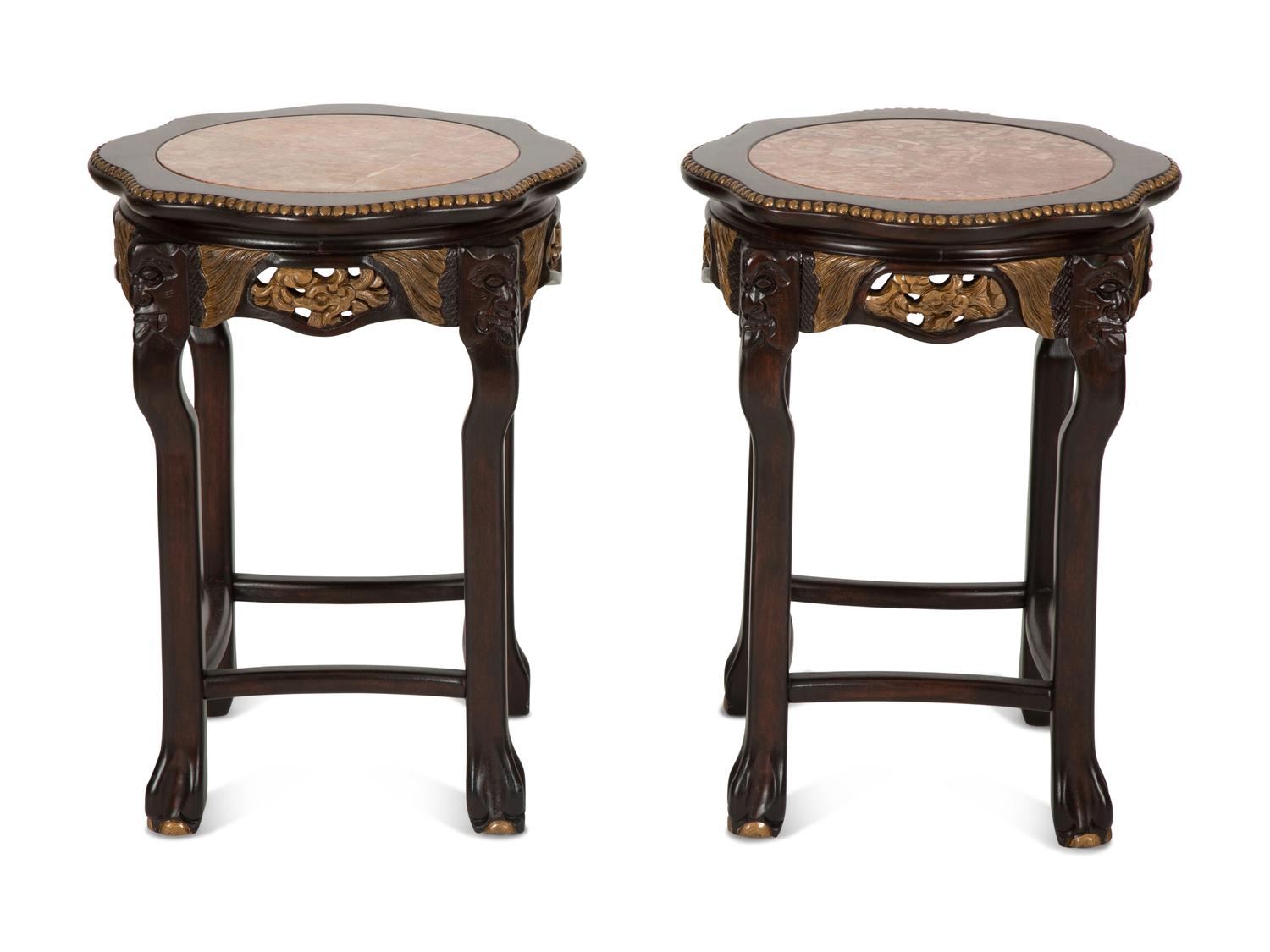 A Pair of Chinese Marble Inset and Parcel-Gilt Hardwood Stands