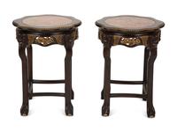 A Pair of Chinese Marble Inset and Parcel-Gilt Hardwood Stands