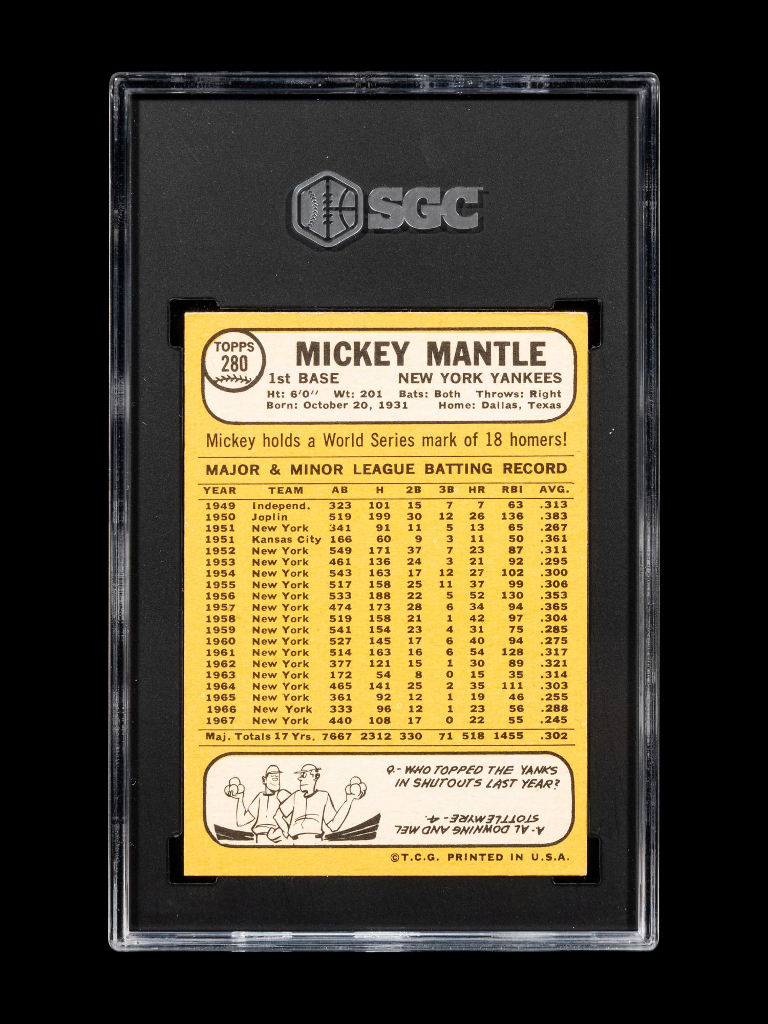 A 1968 Topps Mickey Mantle Baseball Card No. 280 (SGC 5.5 EX+)