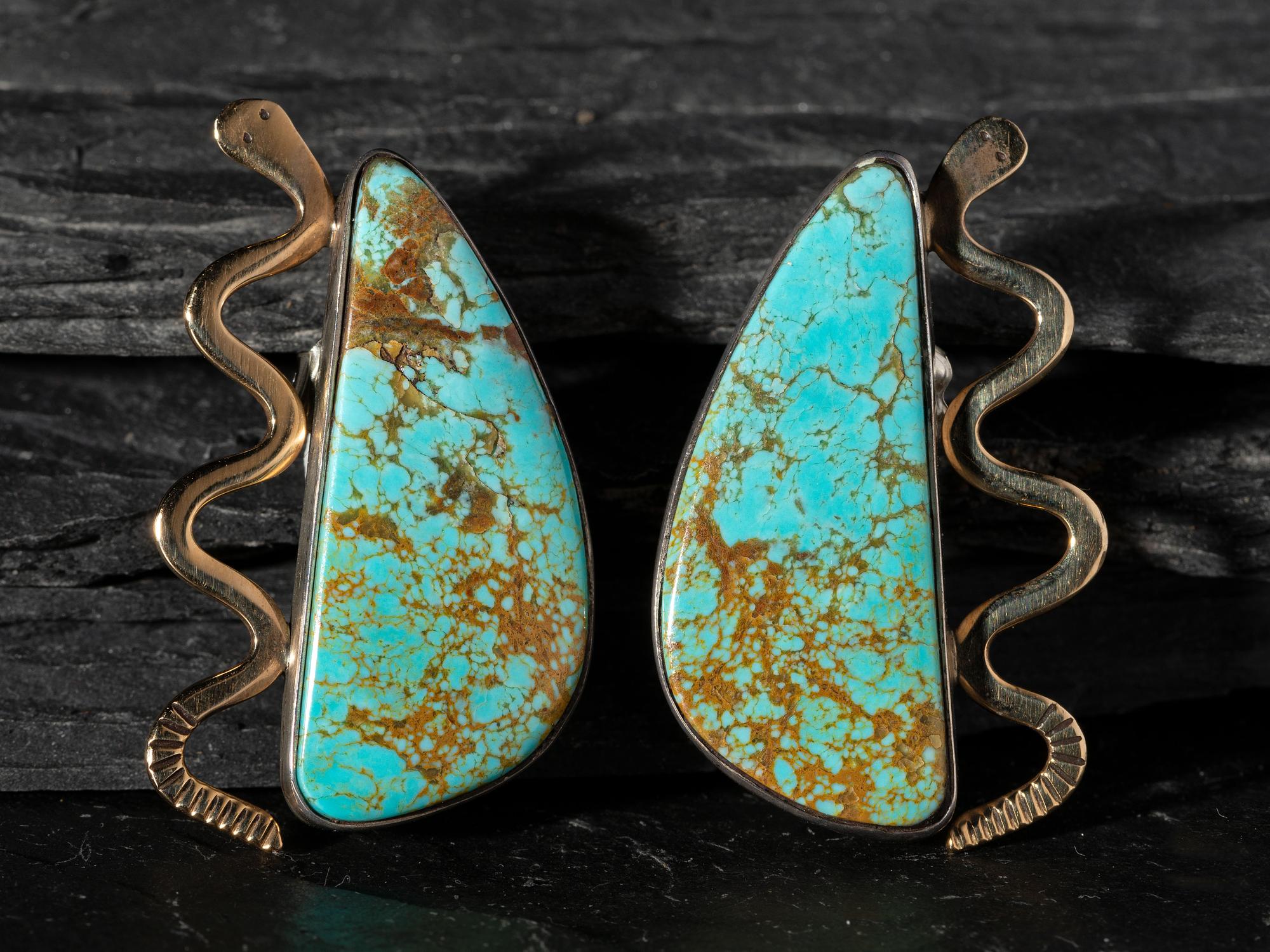 Silver and Turquoise Post Earrings, with 14K Gold Snake Accents