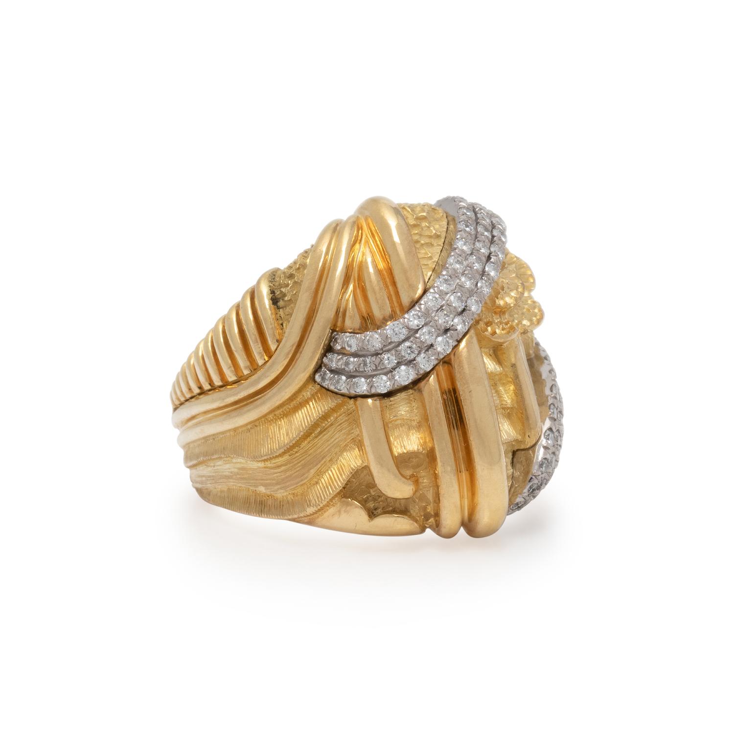 HENRY DUNAY, YELLOW GOLD, PLATINUM, AND DIAMOND RING