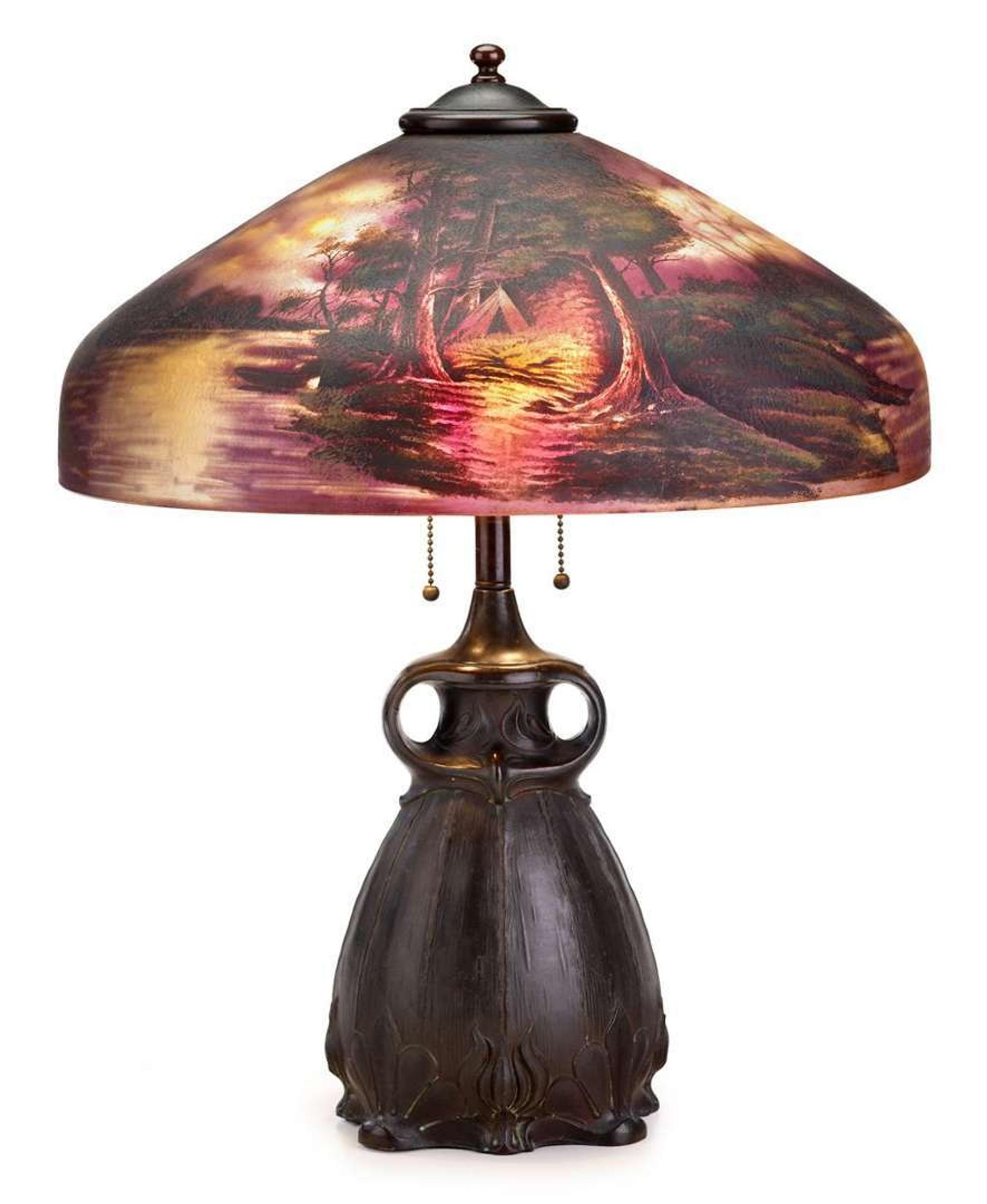 Reverse-painted and bronze table lamp early to mid 20th century