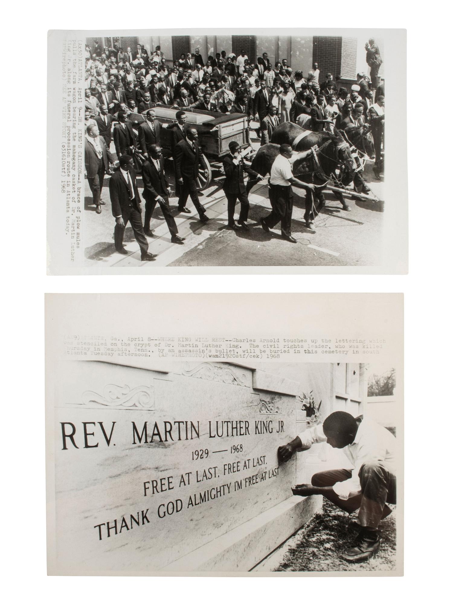 [KING, Martin Luther, Jr. (1929-1968)]. A group of 3 press photographs documenting Dr. King's funeral, incl. Coretta Scott King and her four children viewing the body of the slain civil rights leader. Atlanta, GA, 12 April 1968.