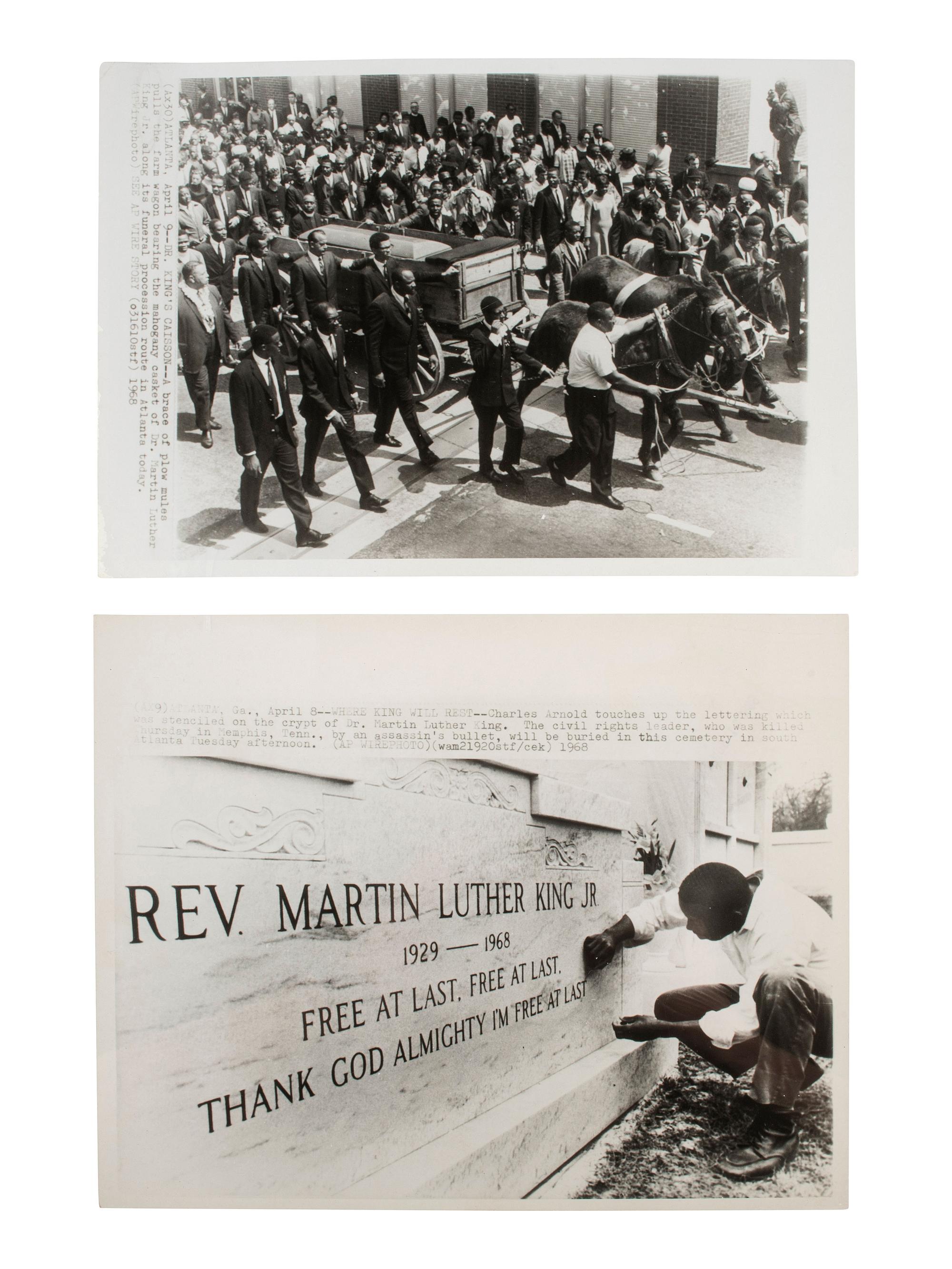 [KING, Martin Luther, Jr. (1929-1968)]. A group of 3 press photographs documenting Dr. King's funeral, incl. Coretta Scott King and her four children viewing the body of the slain civil rights leader. Atlanta, GA, 12 April 1968.