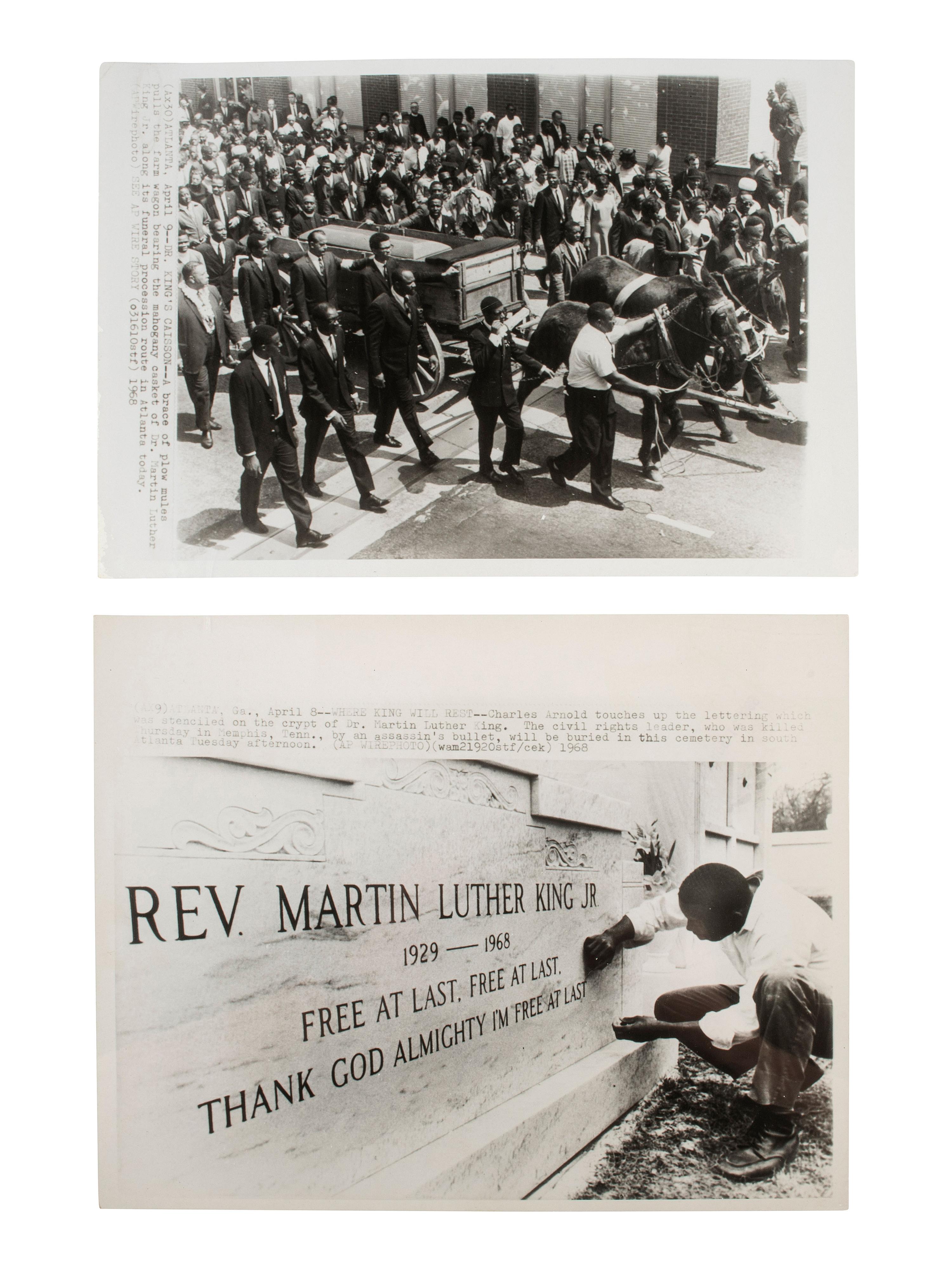 [KING, Martin Luther, Jr. (1929-1968)]. A group of 3 press photographs documenting Dr. King's funeral, incl. Coretta Scott King and her four children viewing the body of the slain civil rights leader. Atlanta, GA, 12 April 1968.