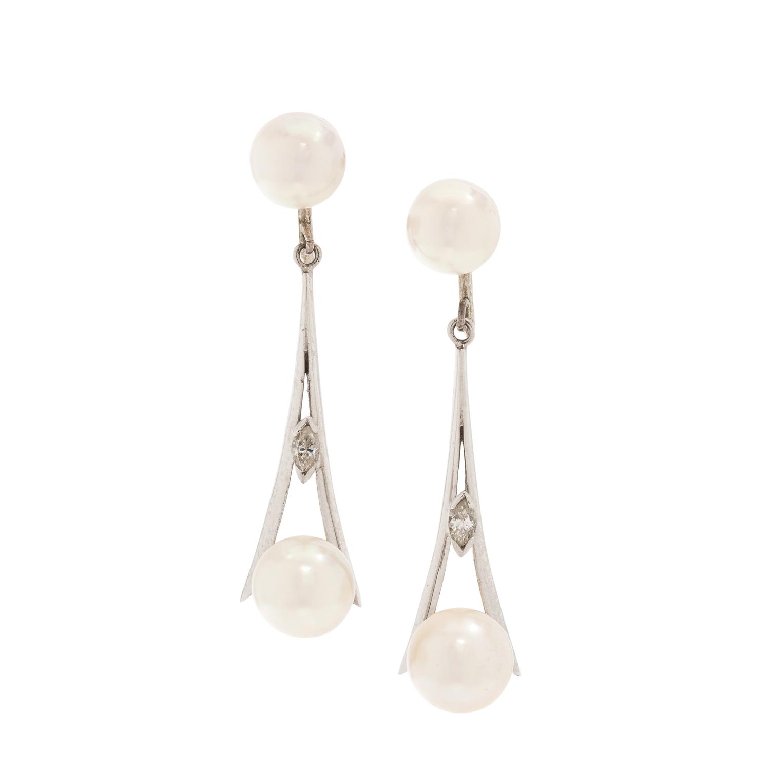 CULTURED PEARL AND DIAMOND EARCLIPS