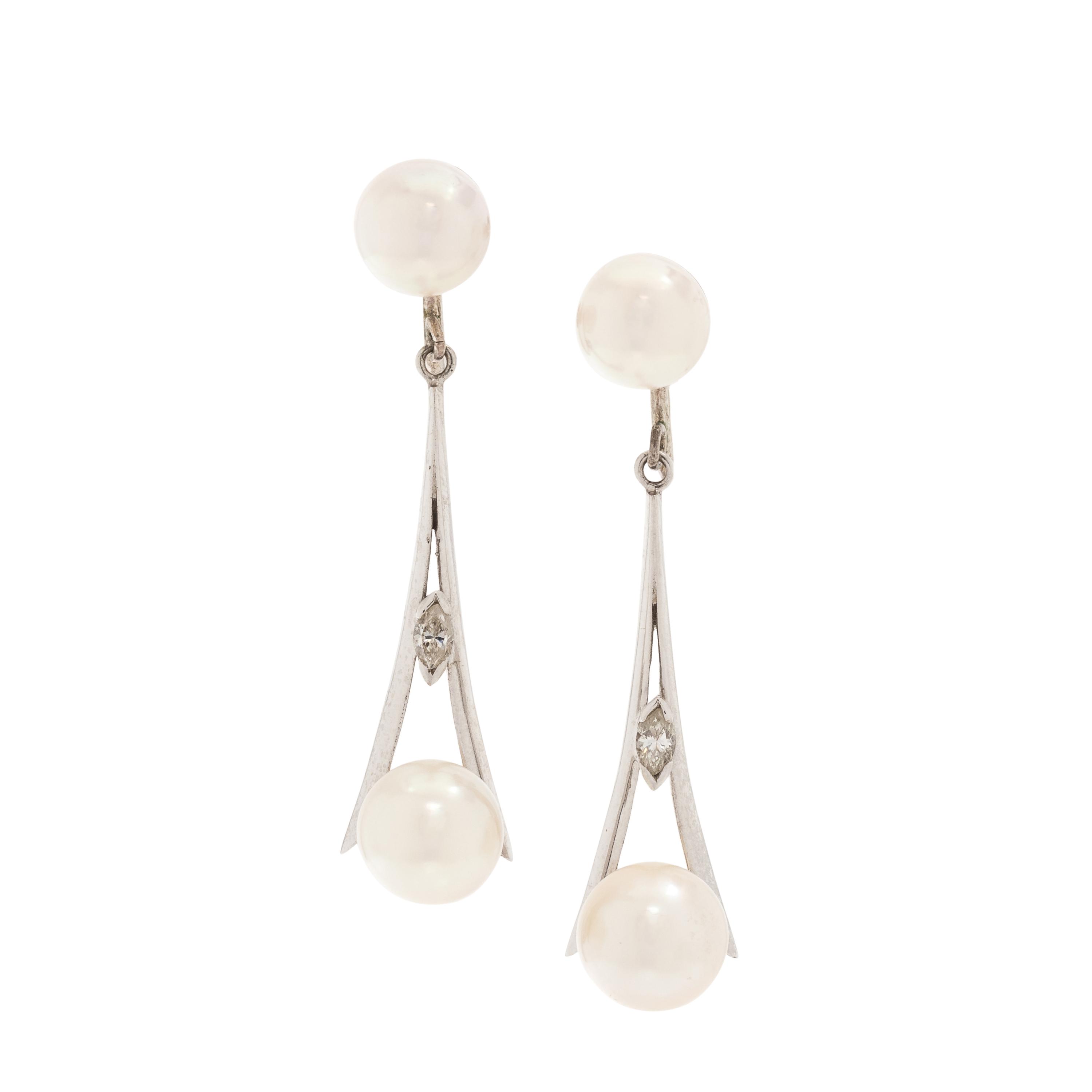 CULTURED PEARL AND DIAMOND EARCLIPS