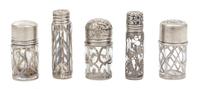 A Group Five Silver Overlay Glass Scent Bottles Height of tallest 2 5/8 inches.
