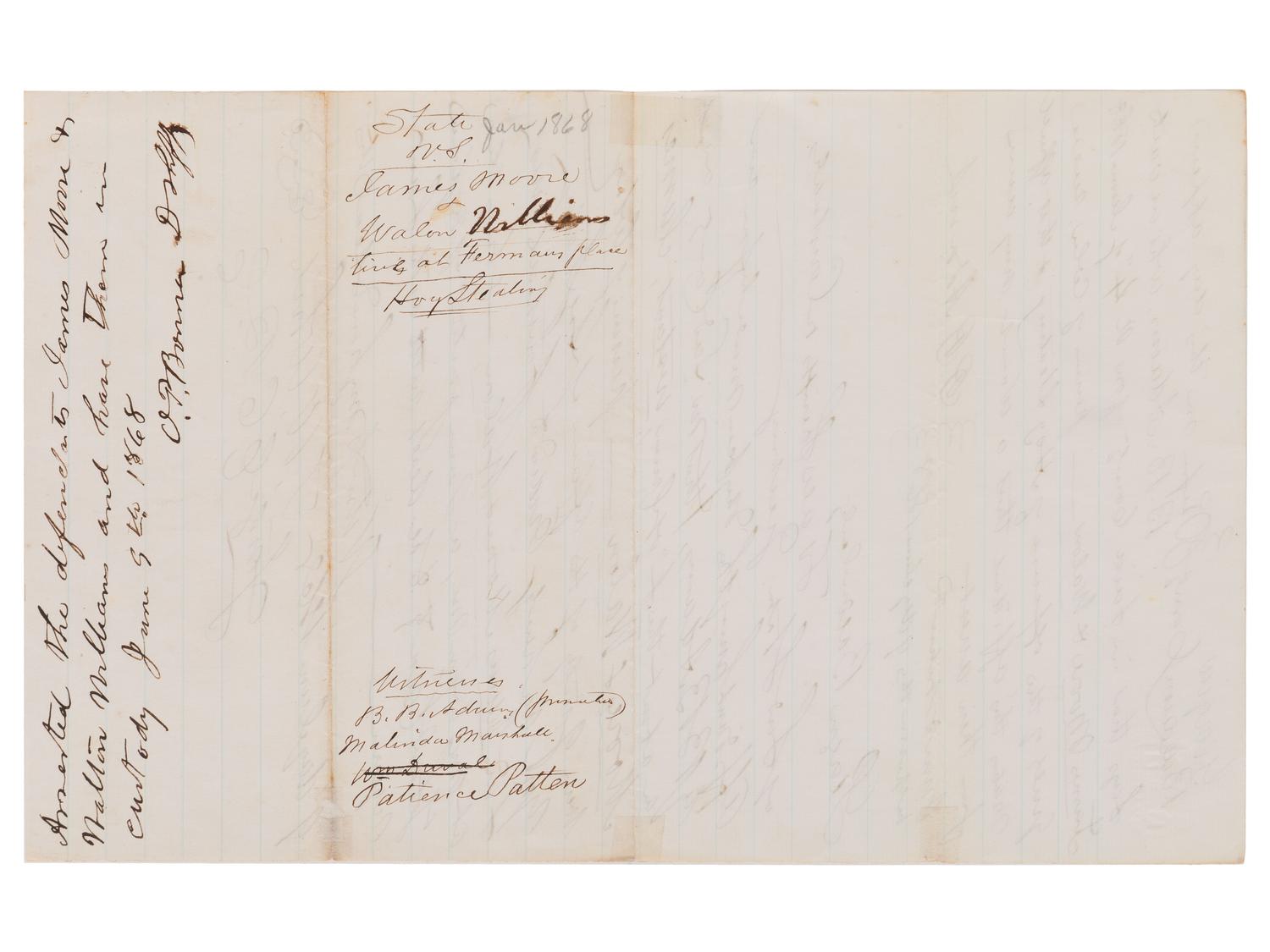 [CRIME & PUNISHMENT]. 6 documents, incl. freedmen accused of hog steeling and theft from a barber.