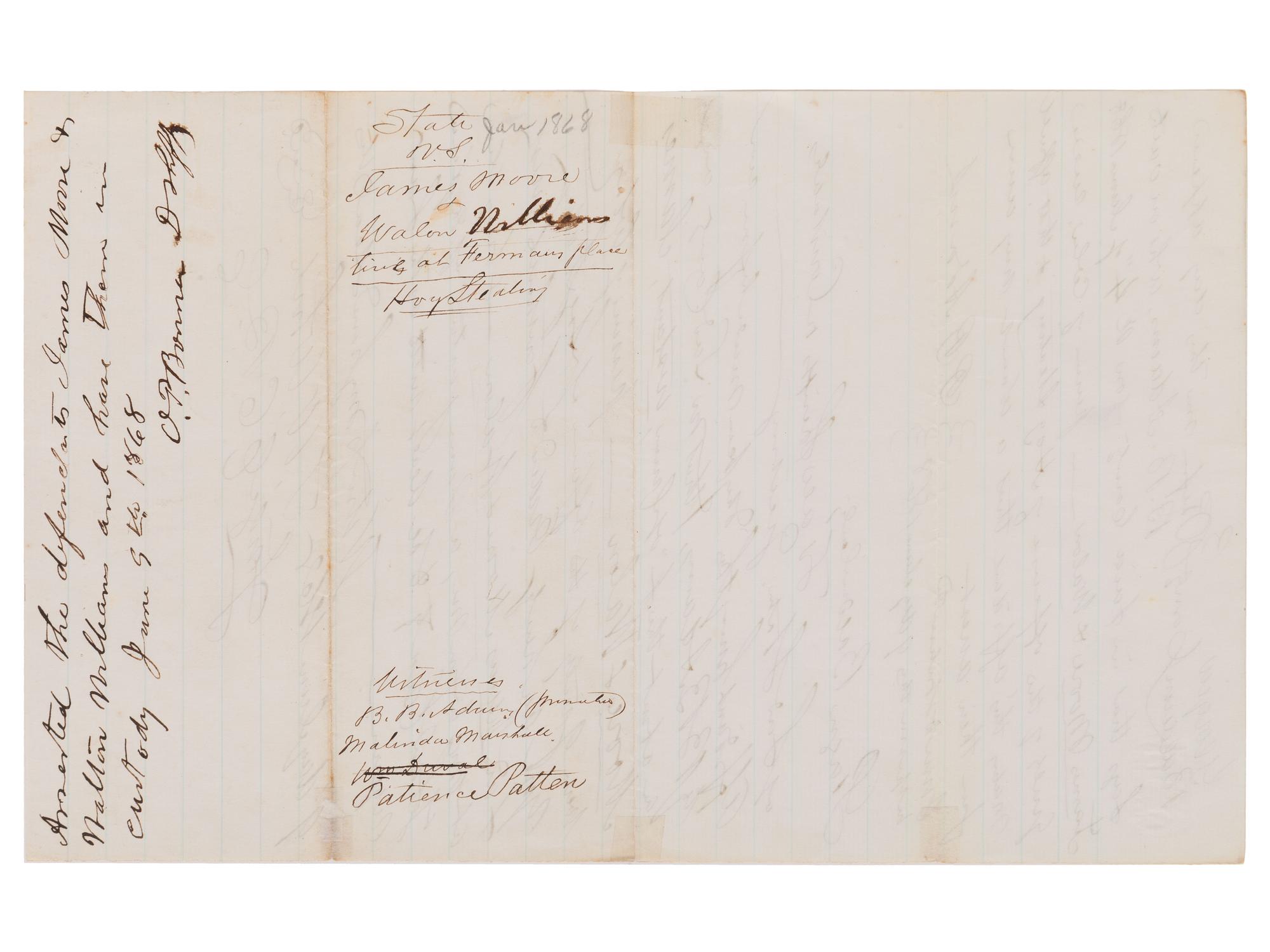[CRIME & PUNISHMENT]. 6 documents, incl. freedmen accused of hog steeling and theft from a barber.