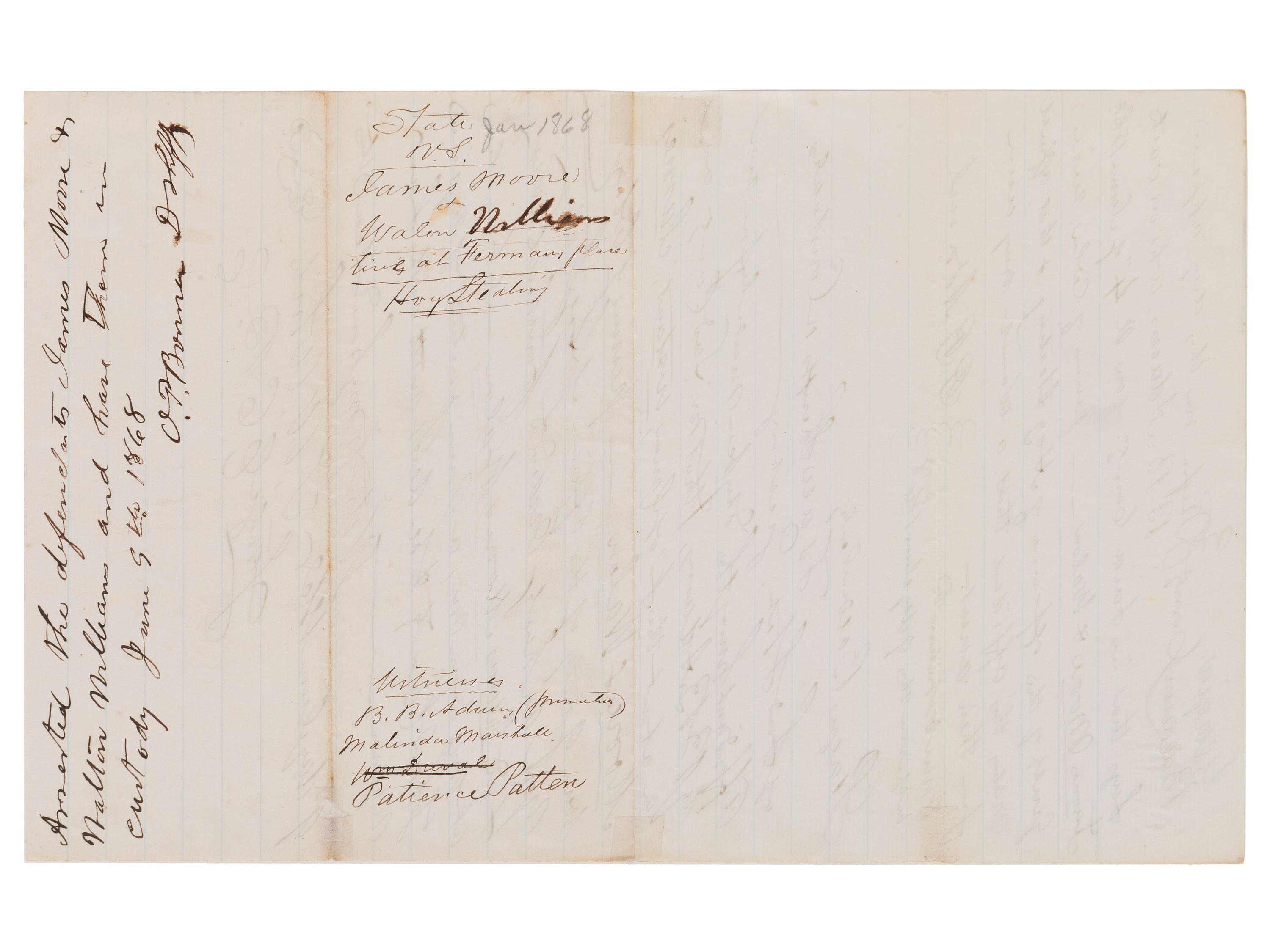 [CRIME & PUNISHMENT]. 6 documents, incl. freedmen accused of hog steeling and theft from a barber.