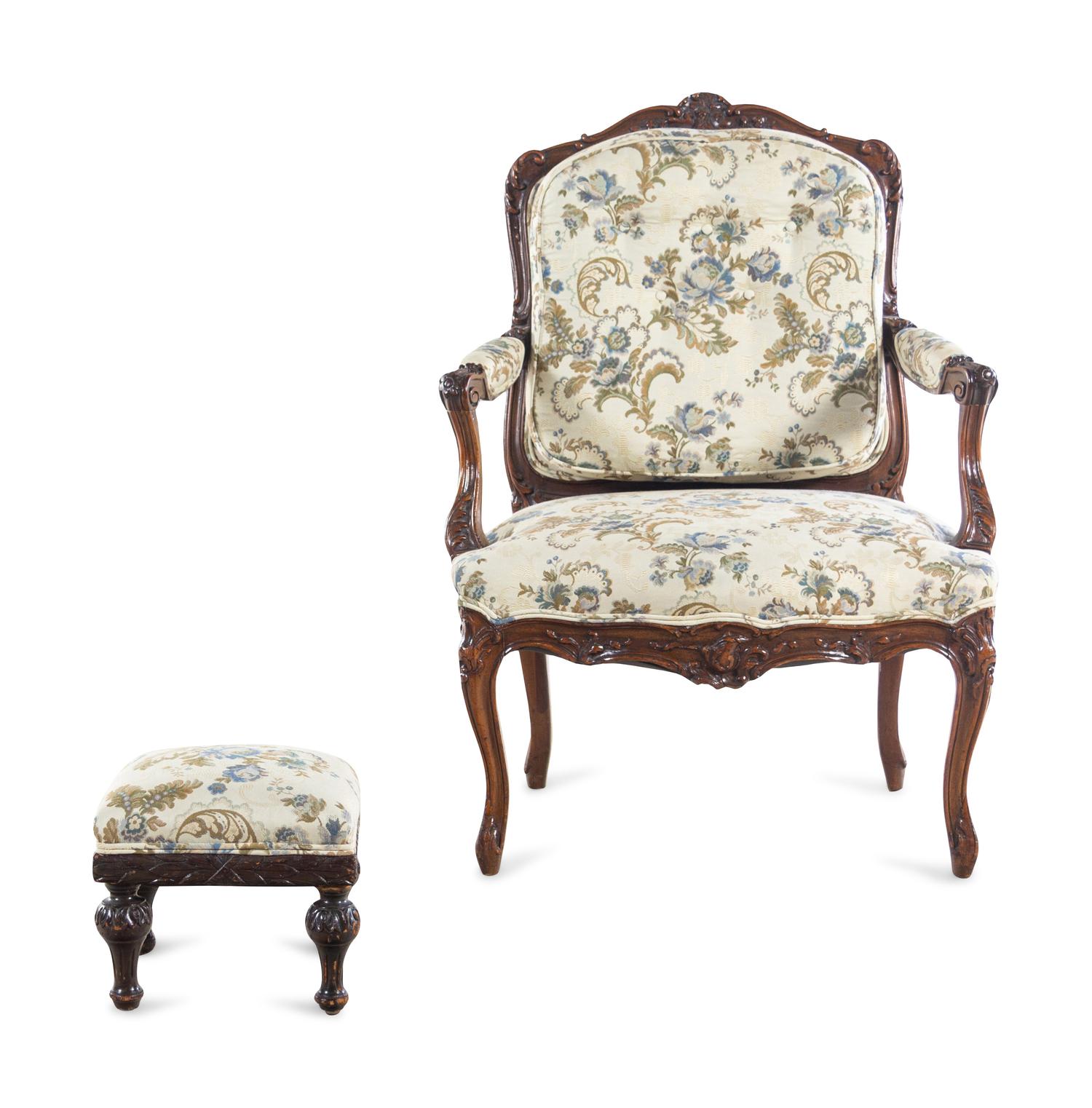 A Louis XV Style Carved Walnut Fauteuil