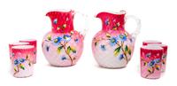 A Victorian Enameled Mother-of-Pearl Satin Glass Drink Set Height of pitcher 8 1/2 inches — 19TH CENTURY