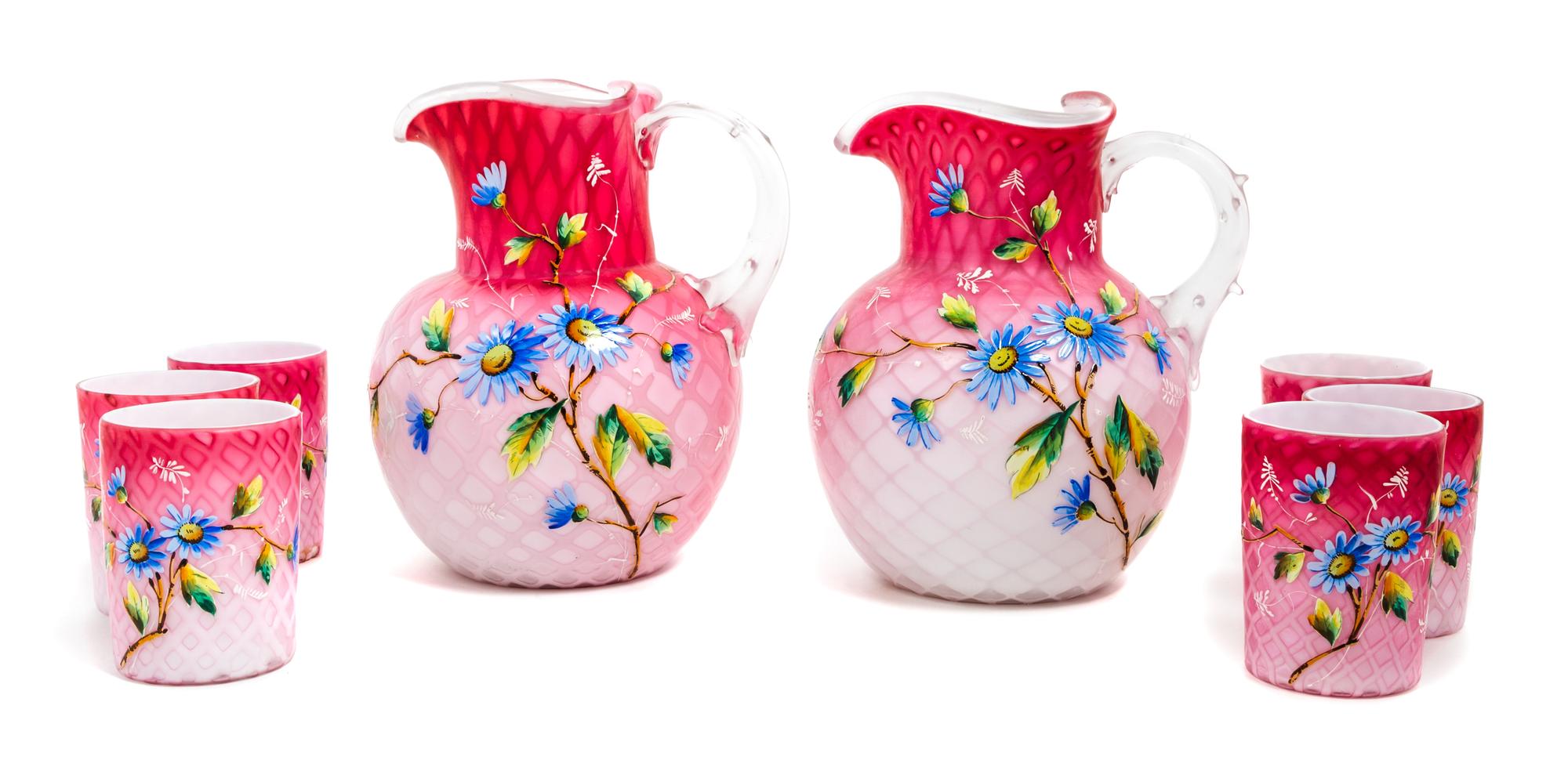 A Victorian Enameled Mother-of-Pearl Satin Glass Drink Set Height of pitcher 8 1/2 inches — 19TH CENTURY