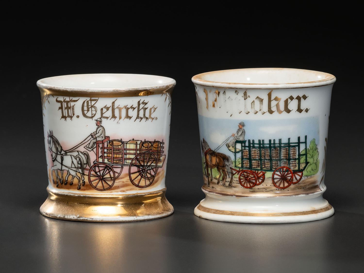 Two Occupational Shaving Mugs Depicting Horse-Drawn Barrel Wagons