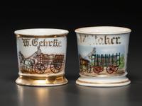 Two Occupational Shaving Mugs Depicting Horse-Drawn Barrel Wagons